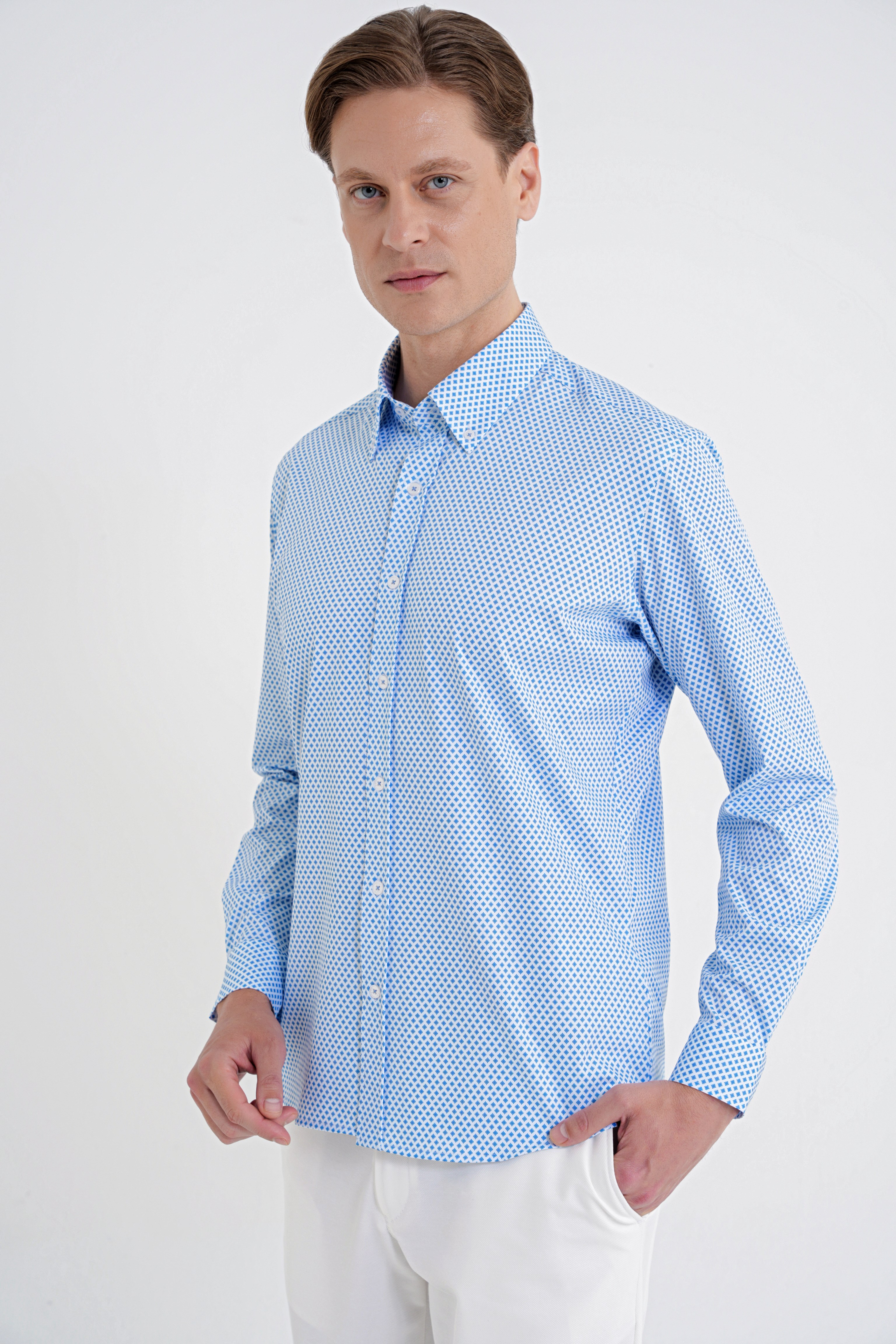 Slim Fit Yaka Düğmeli Baskılı Pamuklu Mavi Gömlek G 1605
