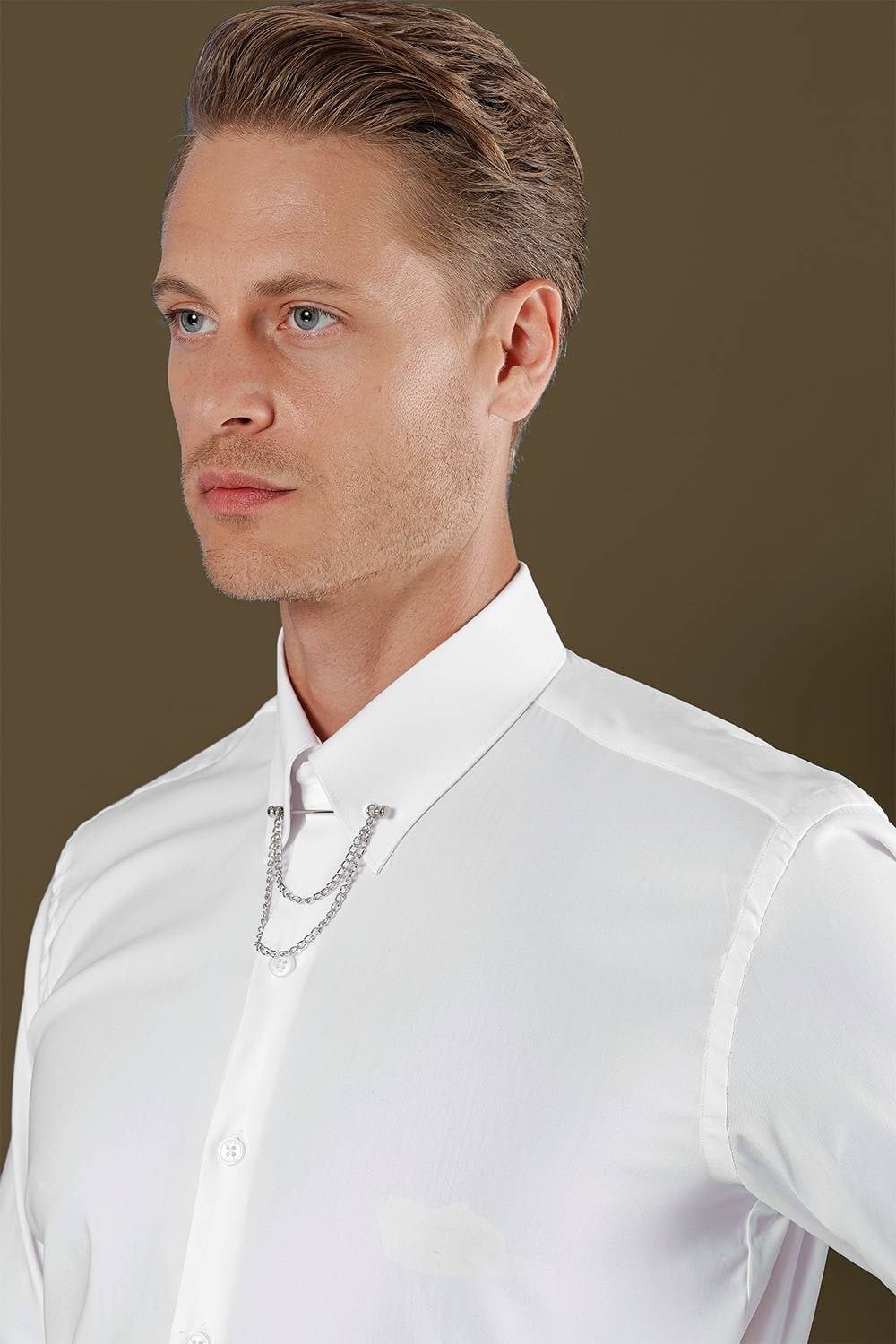 Slim Fit Yaka Zincirli %100 Pamuk Düz Beyaz Gömlek GK 703