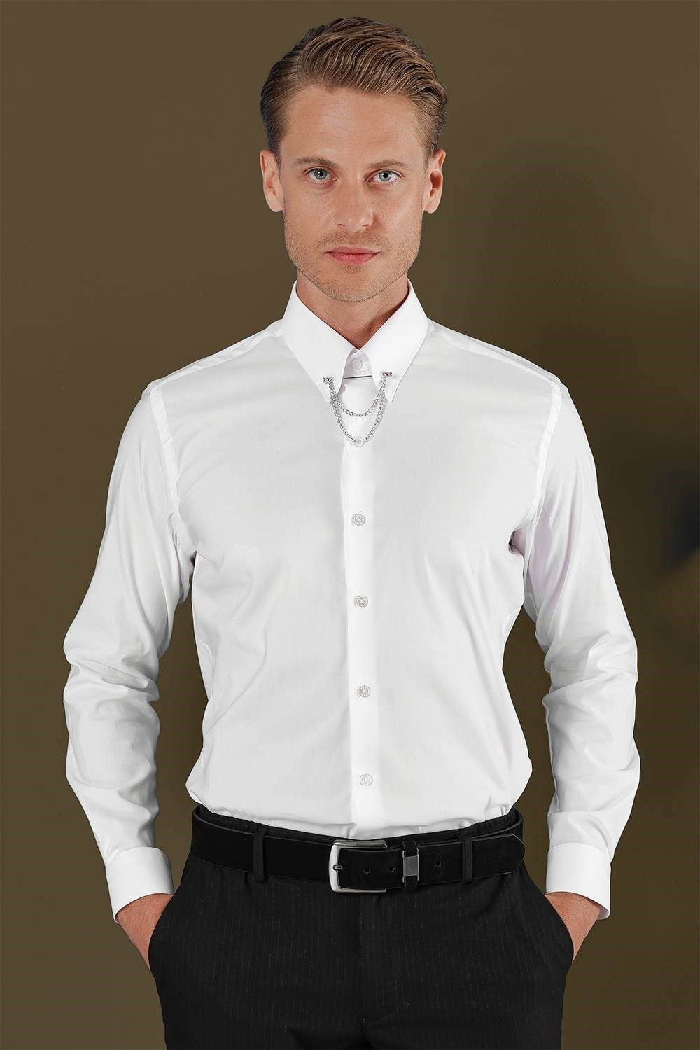 Slim Fit Yaka Zincirli %100 Pamuk Düz Beyaz Gömlek GK 703