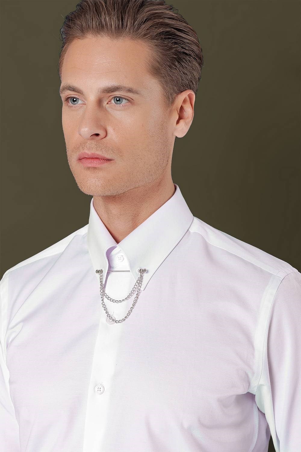 Slim Fit Yaka Zincirli Pamuklu Düz Beyaz Gömlek GK 710