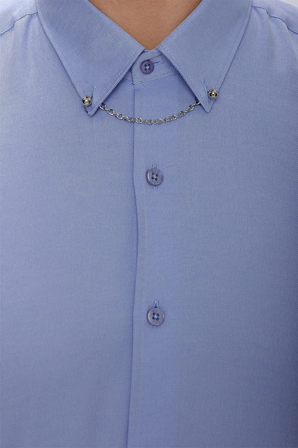 Slim Fit Yaka Zincirli ve Düğmeli Pamuklu Mavi Gömlek GK 664