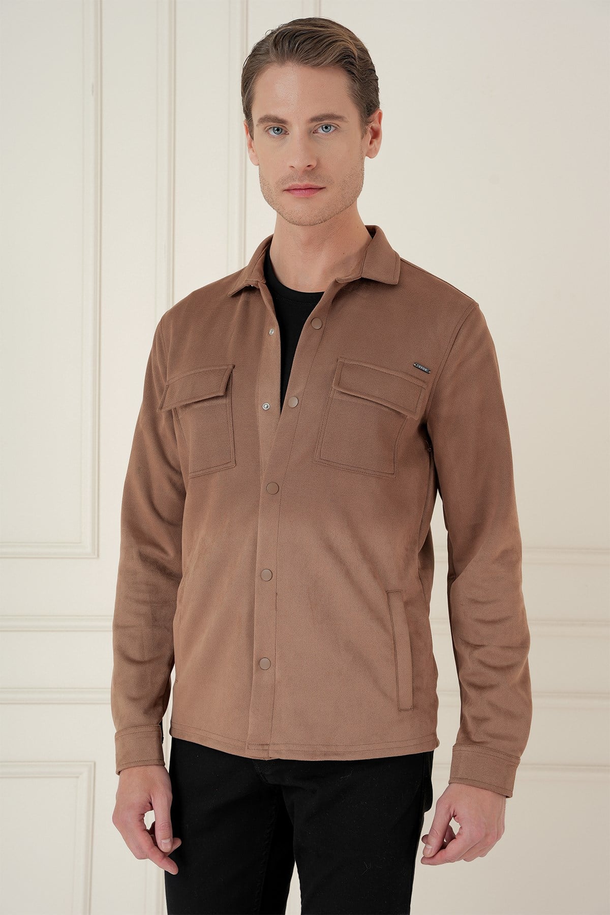 Slim Fit Yan Cep Degrade Desenli Çıtçıtlı Pamuklu Camel Gömlek Ceket G 1578