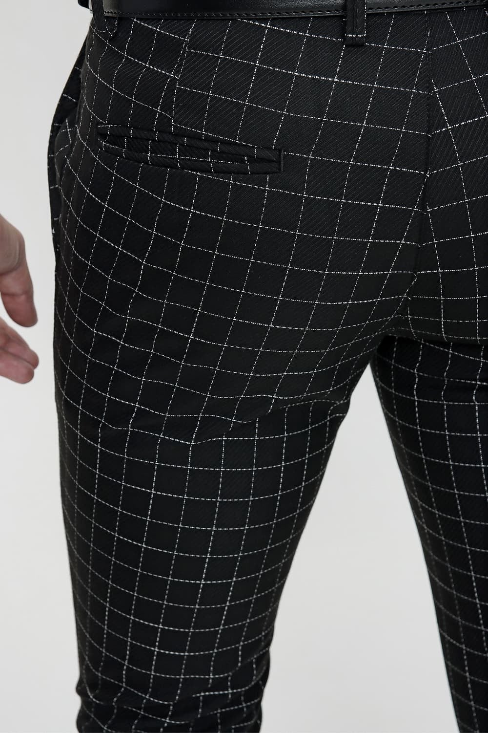 Slim Fit Yan Cep Esnek Pamuk Kareli Siyah Pantolon P 1083