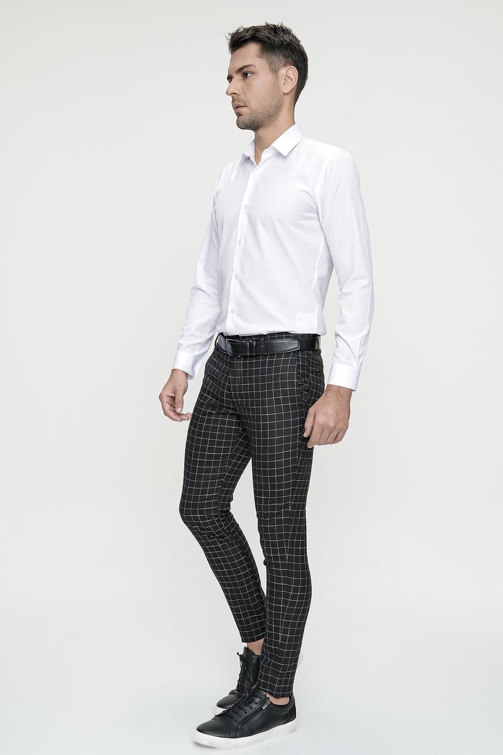 Slim Fit Yan Cep Esnek Pamuk Kareli Siyah Pantolon P 1083