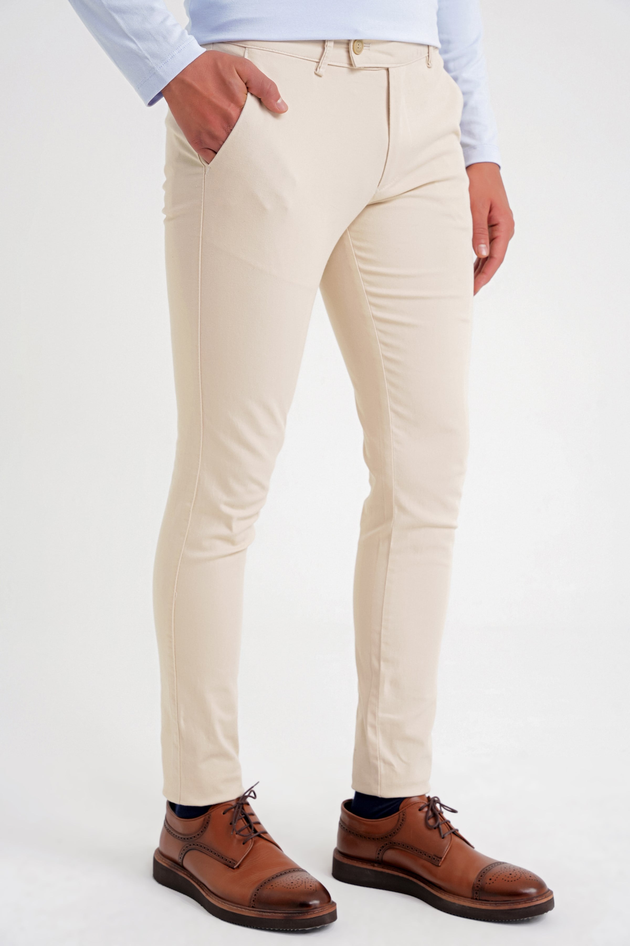 Slim Fit Yan Cep Esnek Pamuklu Bej Kanvas Pantolon P 1124