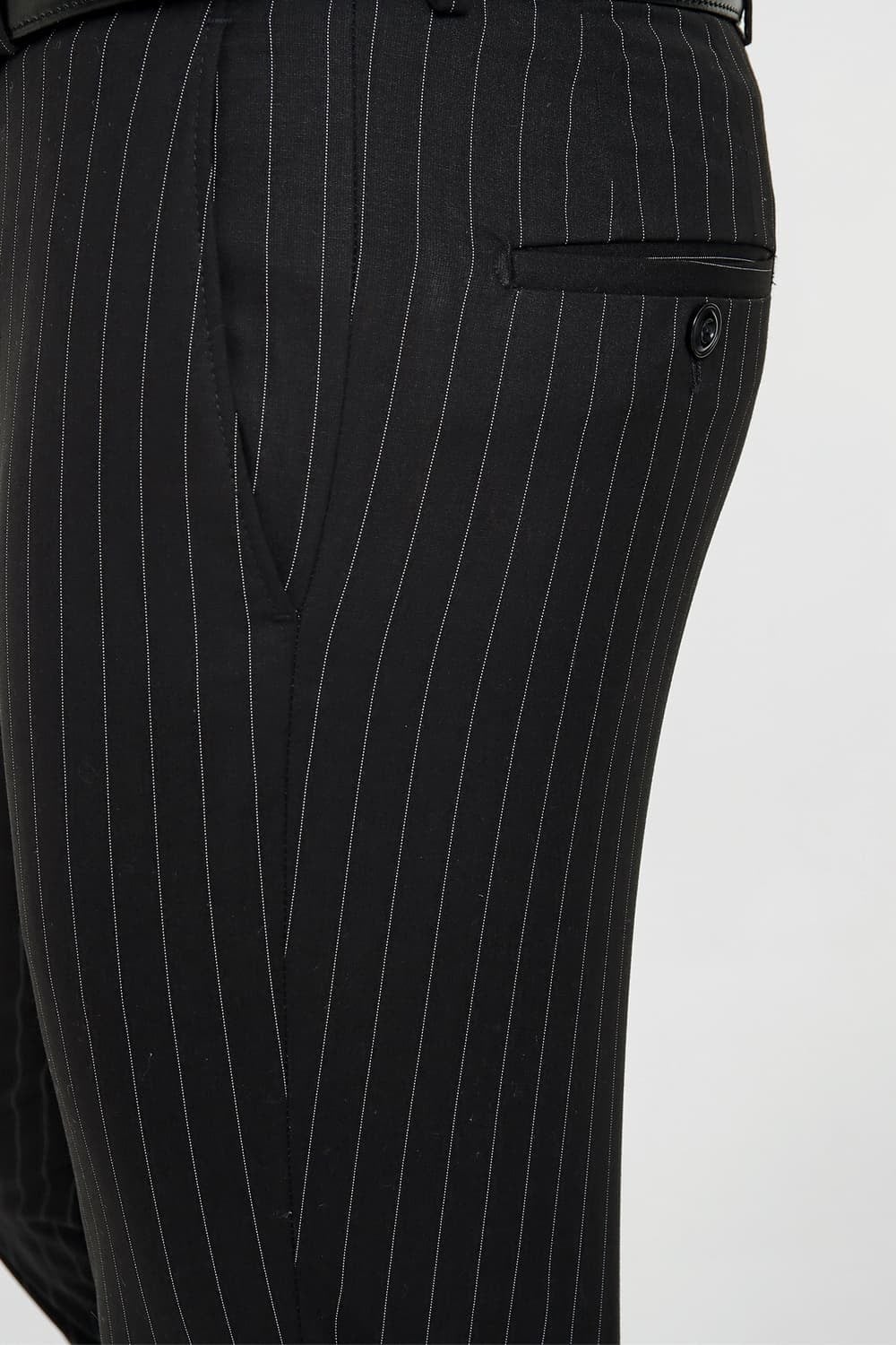 Slim Fit Yan Cep Esnek Yünlü Çizgili Siyah Kumaş Pantolon P 1081