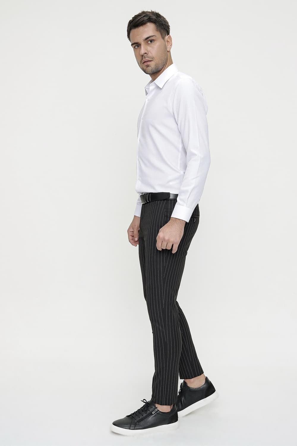 Slim Fit Yan Cep Esnek Yünlü Çizgili Siyah Kumaş Pantolon P 1081