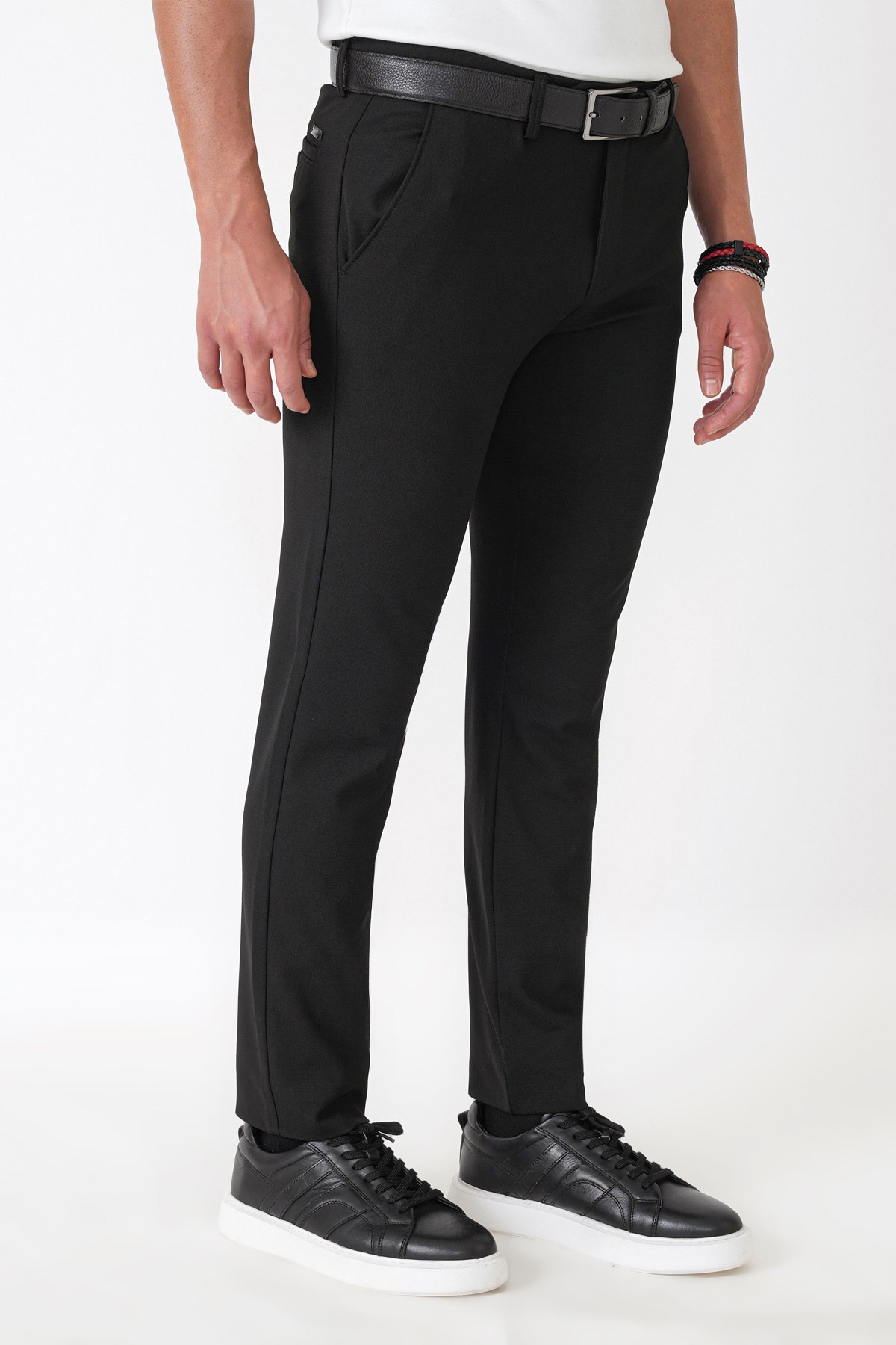 Slim Fit Yan Cep Esnek Yünlü Siyah Pantolon P 1232