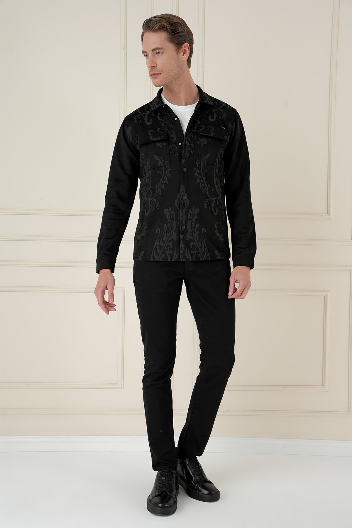 Slim Fit Yan Cep Etnik Desenli Çıtçıtlı Pamuklu Siyah Gömlek Ceket G 1578