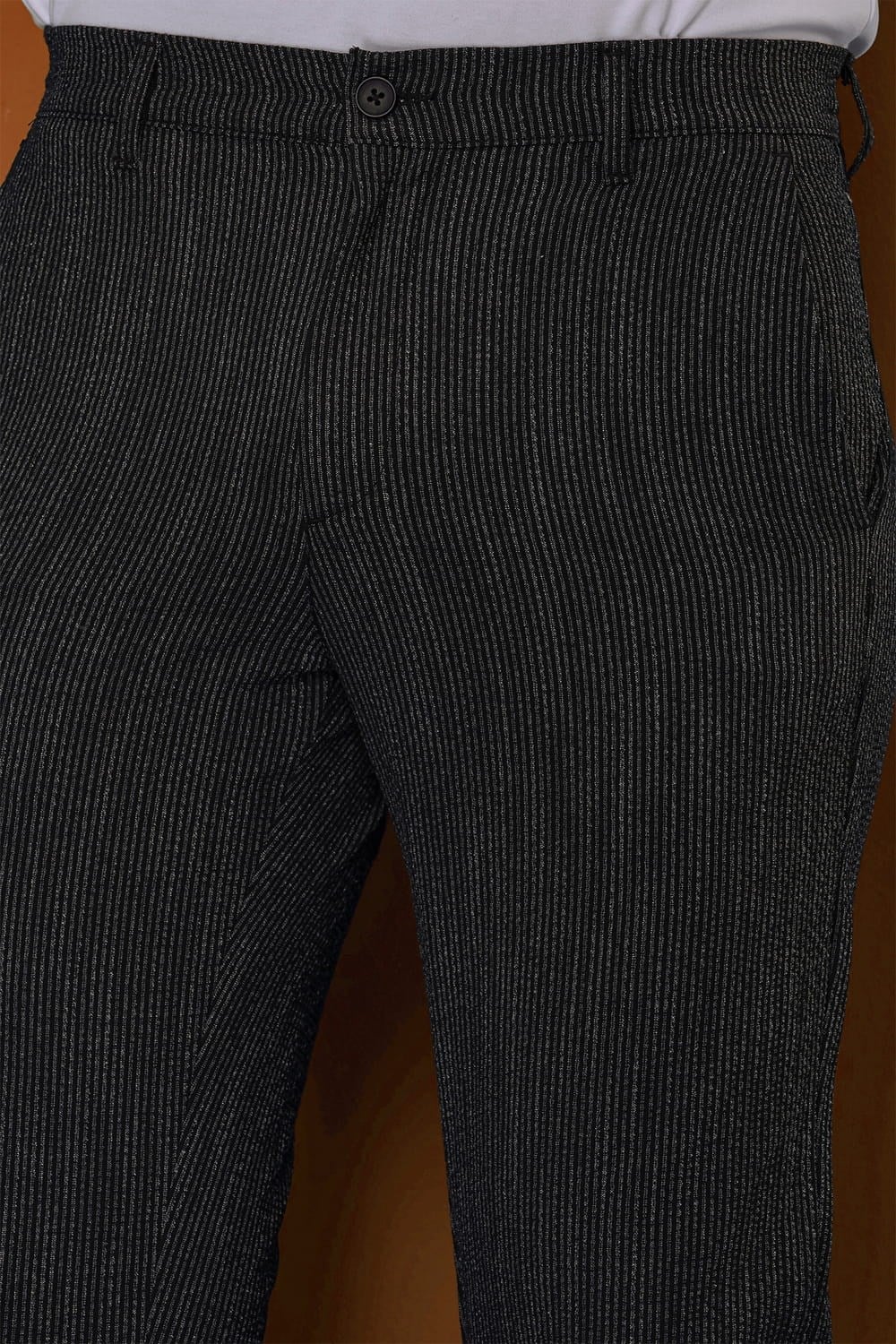 Slim Fit Yan Cepli %97 Pamuklu Gofre Kumaş Çizgili Siyah Pantolon P 1113