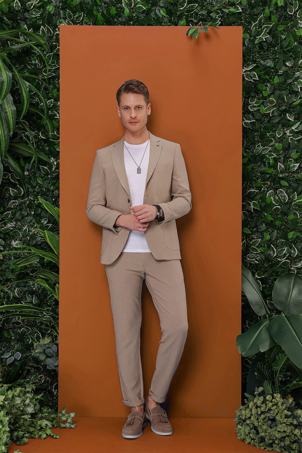 Slim Fit Yan Cepli %97 Pamuklu Gofre Kumaş Çizgili Bej Pantolon P 1113