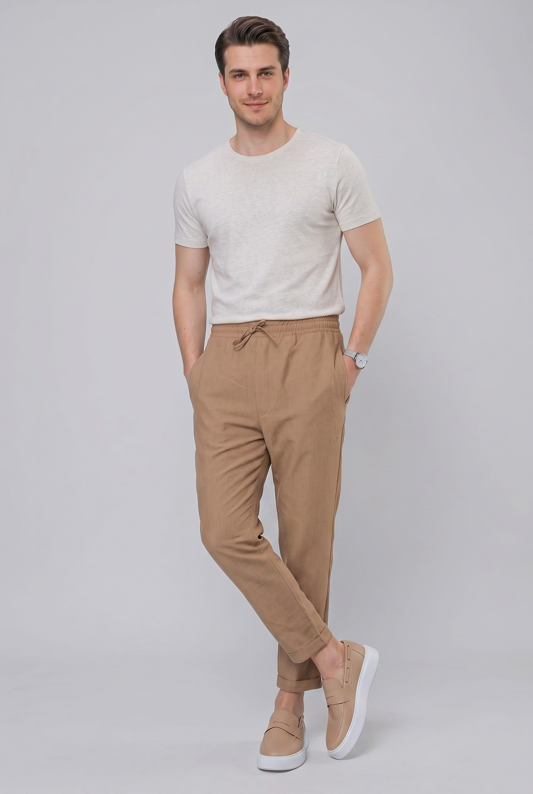Slim Fit Yan Cepli Beli İpli Keten Camel Kahverengi Jogger Pantolon ATP 031