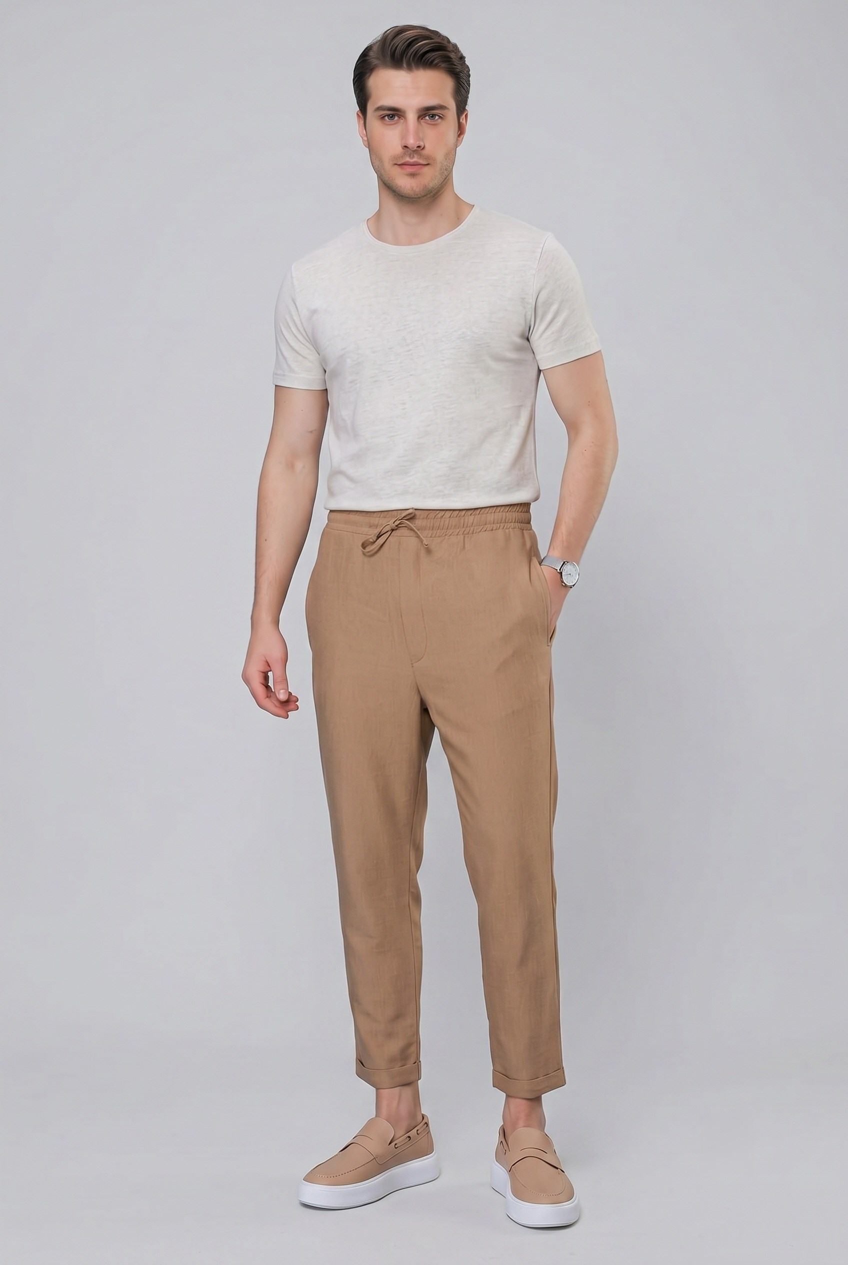 Slim Fit Yan Cepli Beli İpli Keten Camel Kahverengi Jogger Pantolon ATP 031