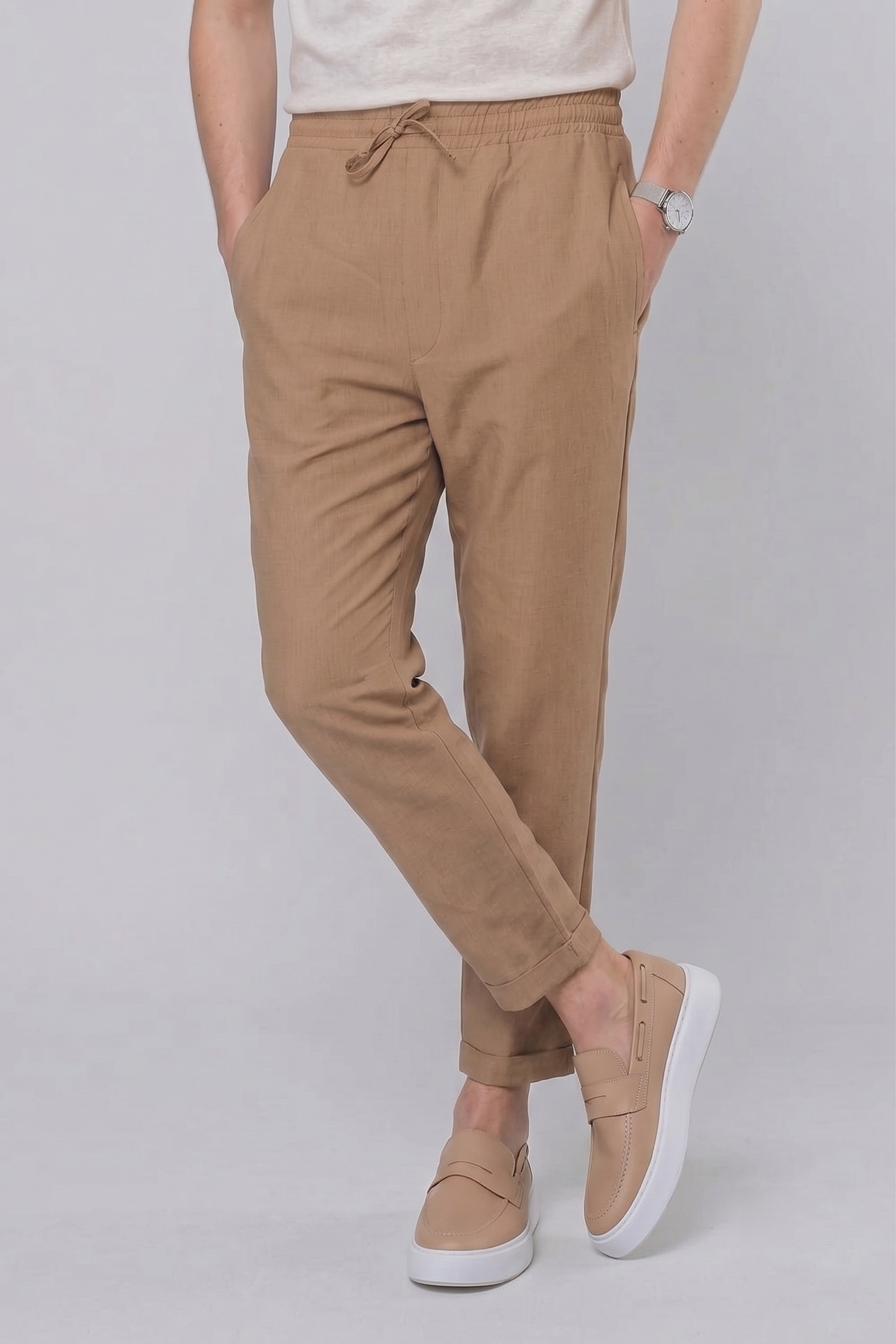 Slim Fit Yan Cepli Beli İpli Keten Camel Kahverengi Jogger Pantolon ATP 031