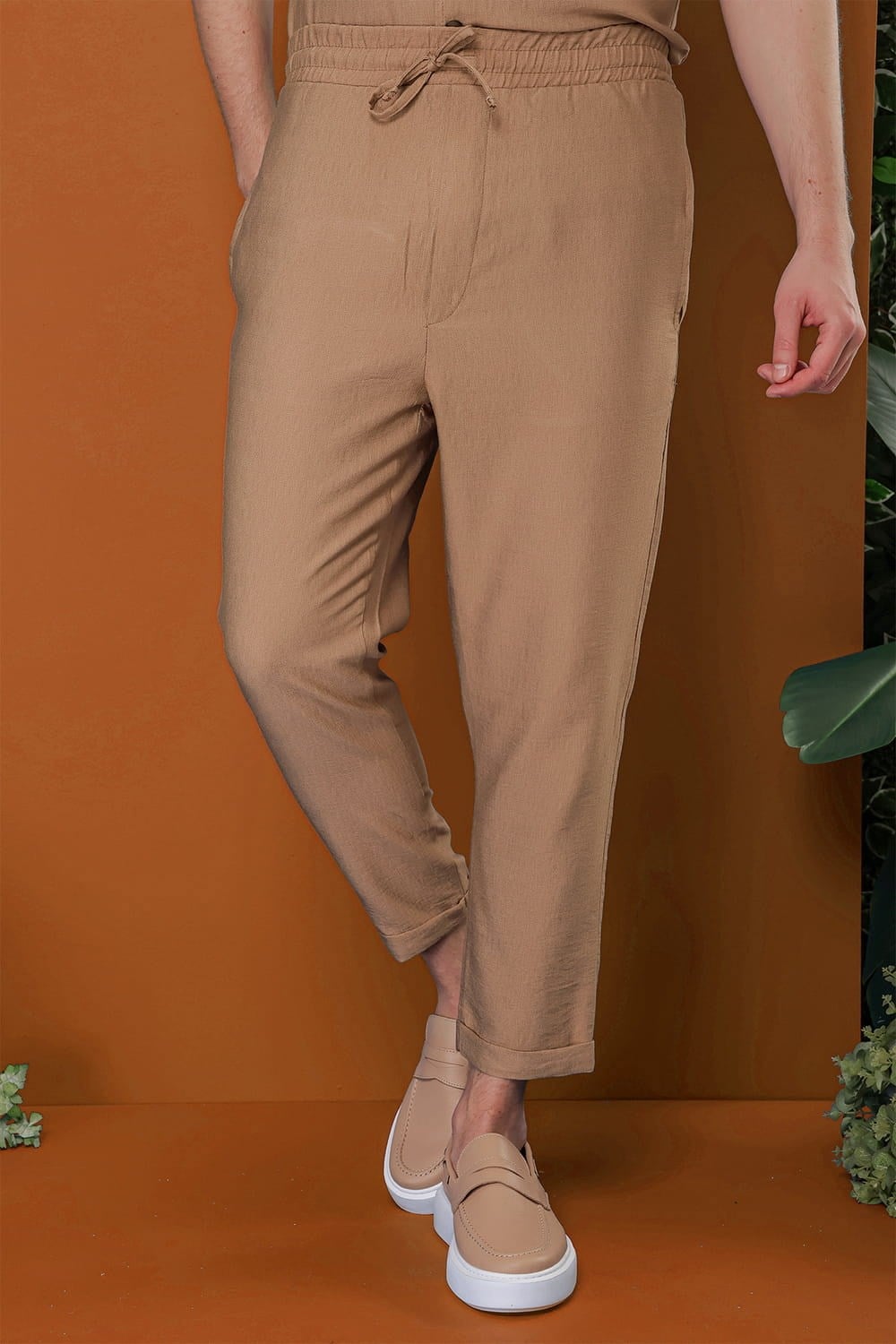 Slim Fit Yan Cepli Beli İpli Keten Camel Jogger Pantolon ATP 031