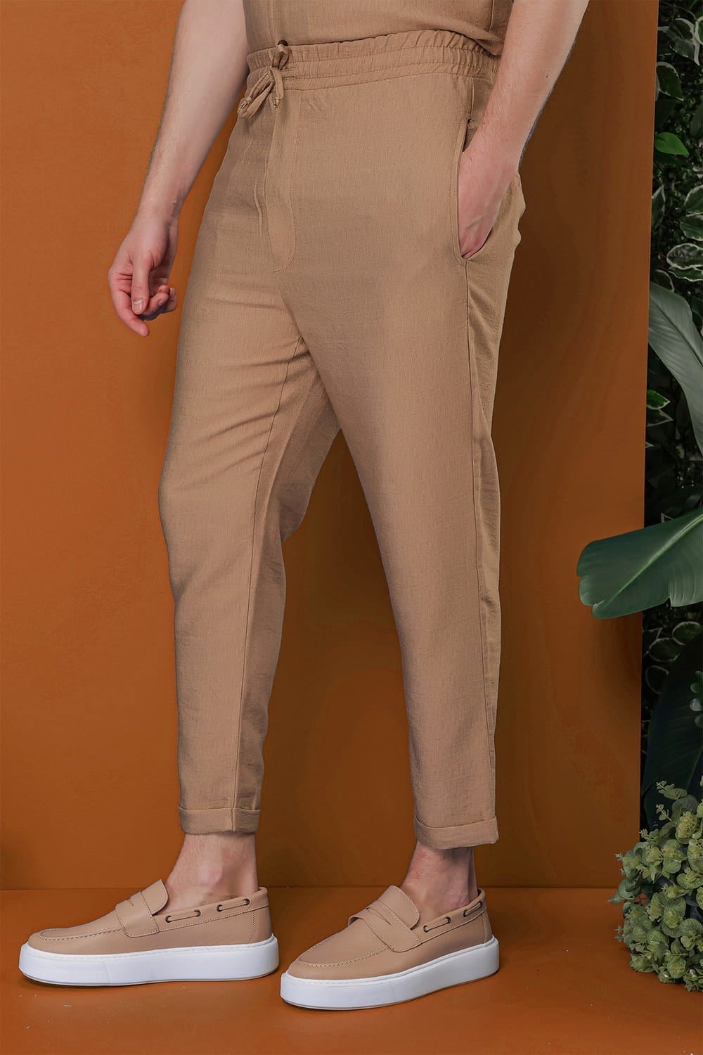 Slim Fit Yan Cepli Beli İpli Keten Camel Jogger Pantolon ATP 031