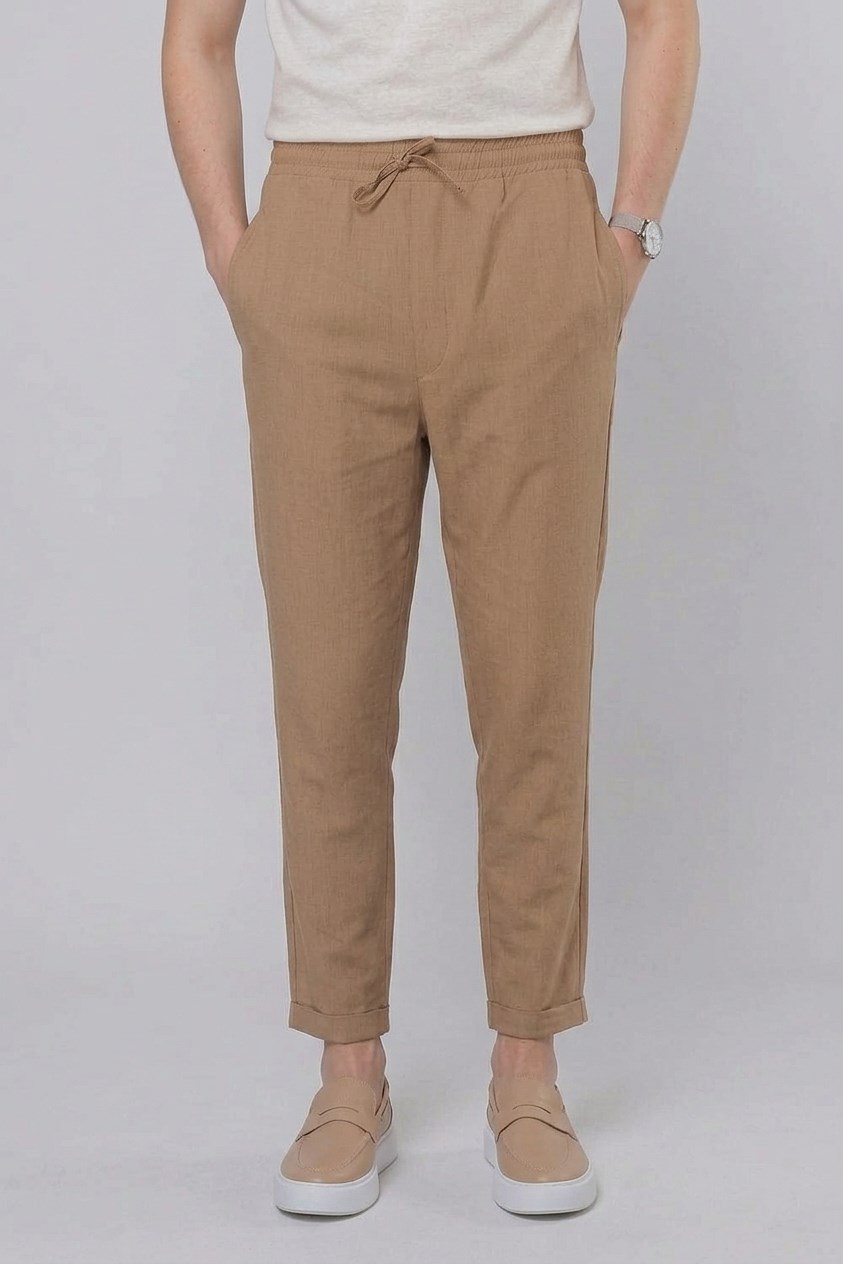 Slim Fit Yan Cepli Beli İpli Keten Camel Kahverengi Jogger Pantolon ATP 031