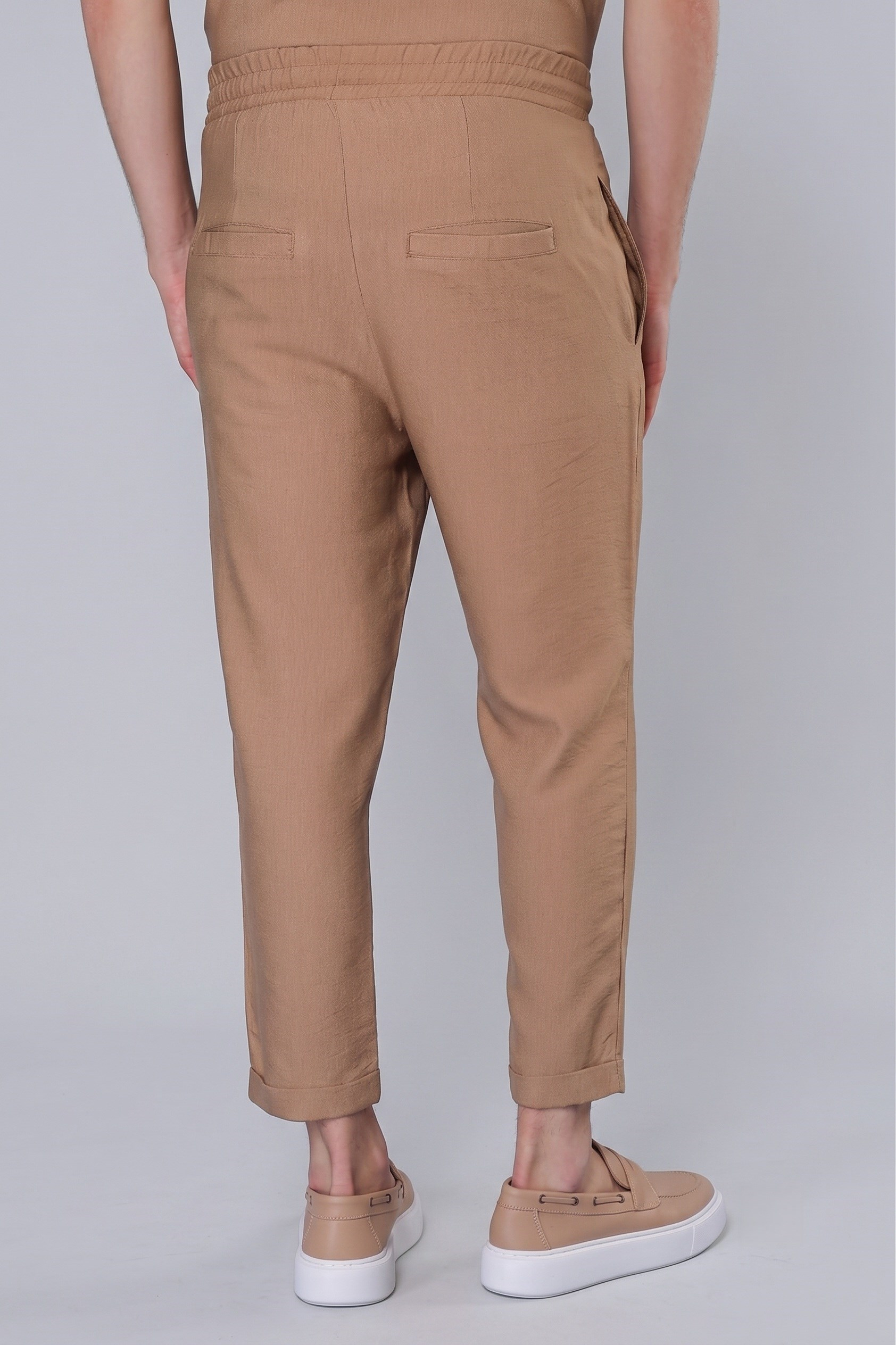 Slim Fit Yan Cepli Beli İpli Keten Camel Kahverengi Jogger Pantolon ATP 031