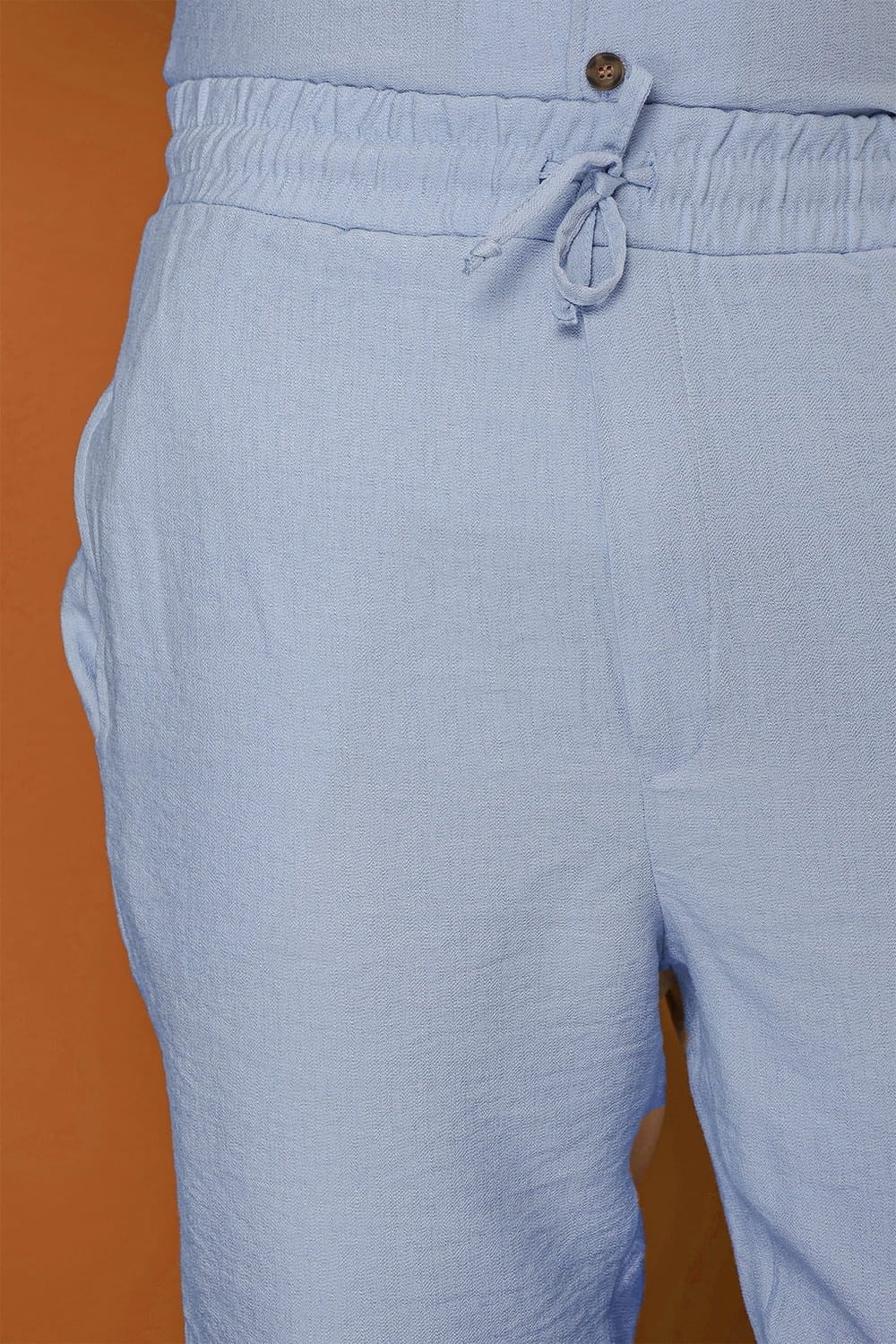 Slim Fit Yan Cepli Beli İpli Keten Mavi Jogger Pantolon ATP 031