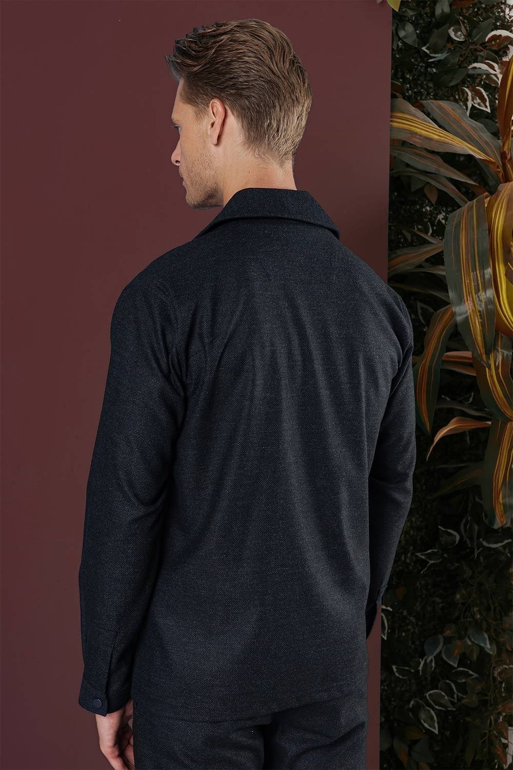 Slim Fit Yan Cepli Çıtçıtlı Apaş Yaka Lacivert Gömlek Ceket G 1560