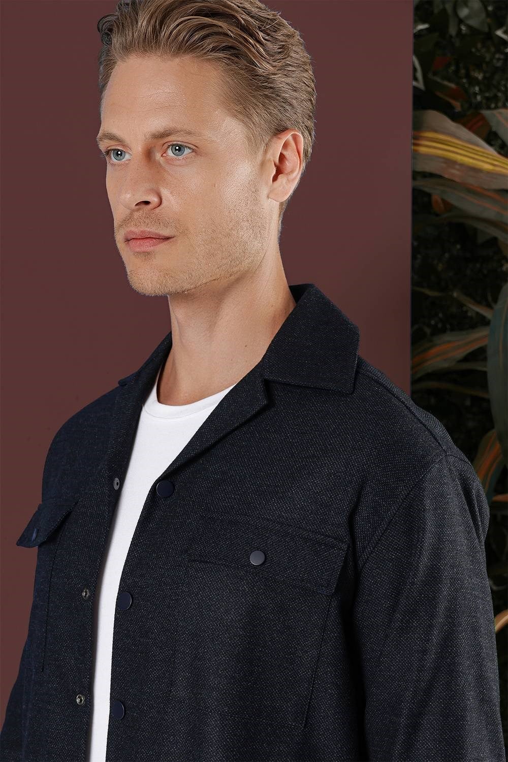 Slim Fit Yan Cepli Çıtçıtlı Apaş Yaka Lacivert Gömlek Ceket G 1560