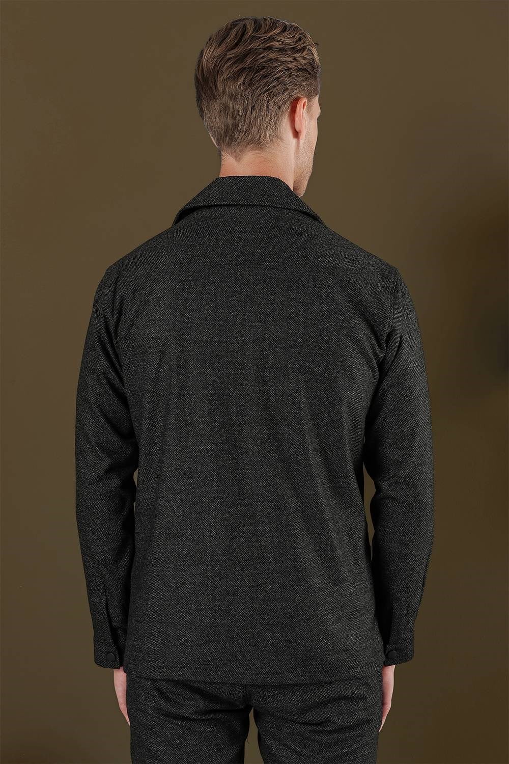 Slim Fit Yan Cepli Çıtçıtlı Apaş Yaka Siyah Gömlek Ceket G 1560