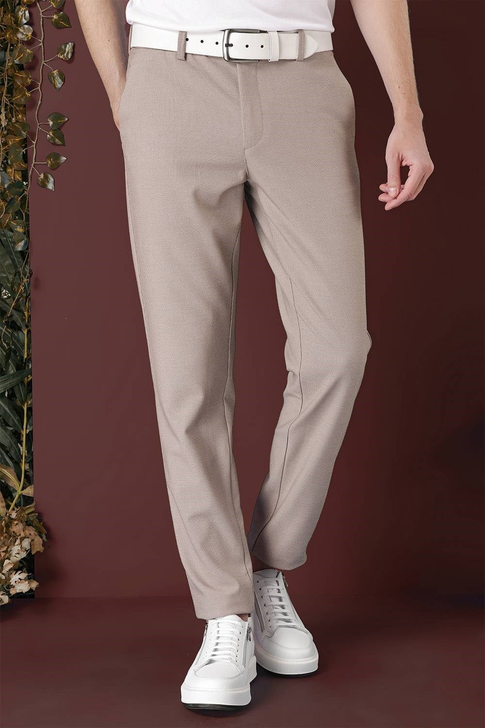 Slim Fit Yan Cepli Dokulu Esnek Bej Pantolon P 1139