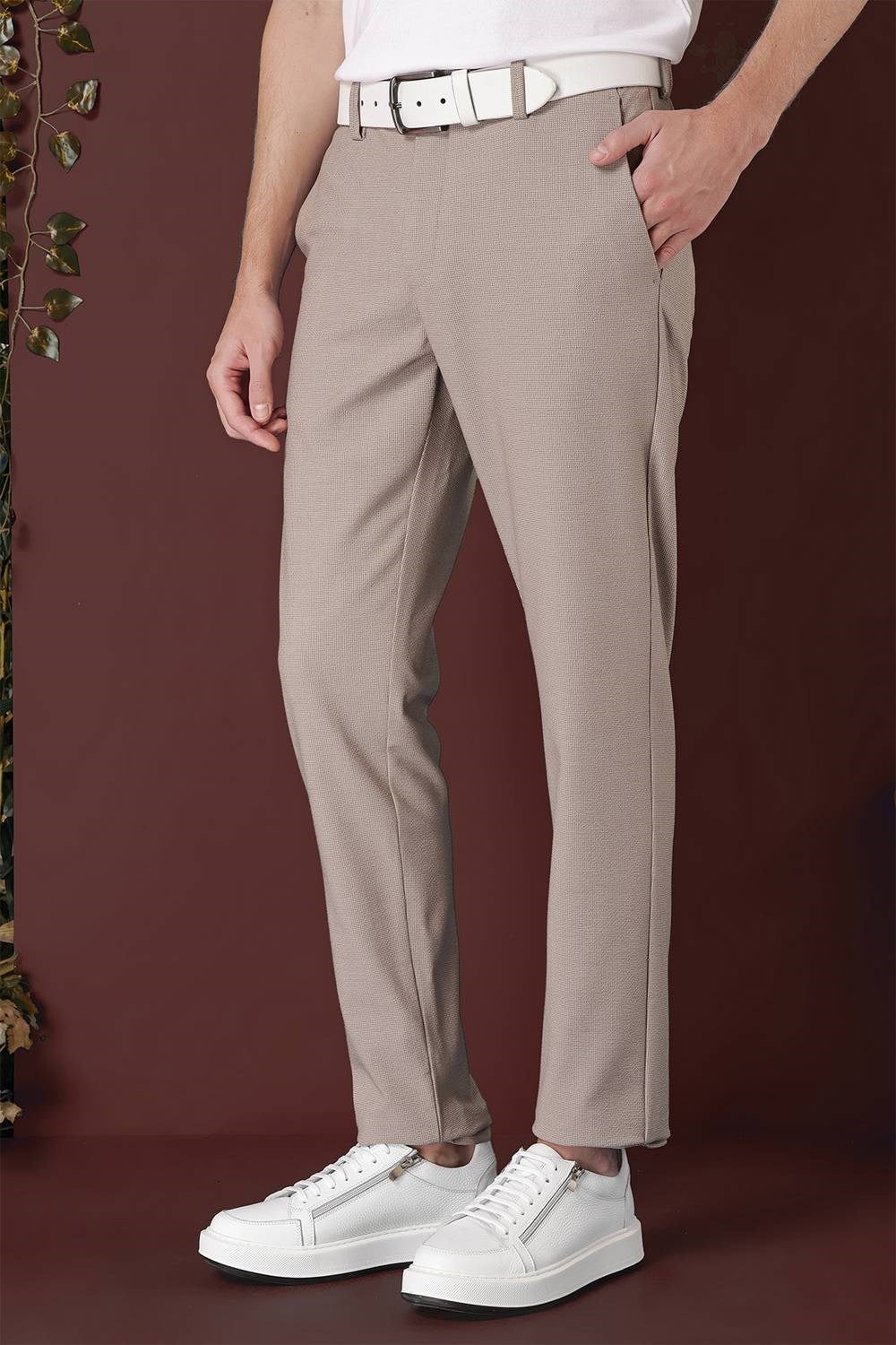 Slim Fit Yan Cepli Dokulu Esnek Bej Pantolon P 1139