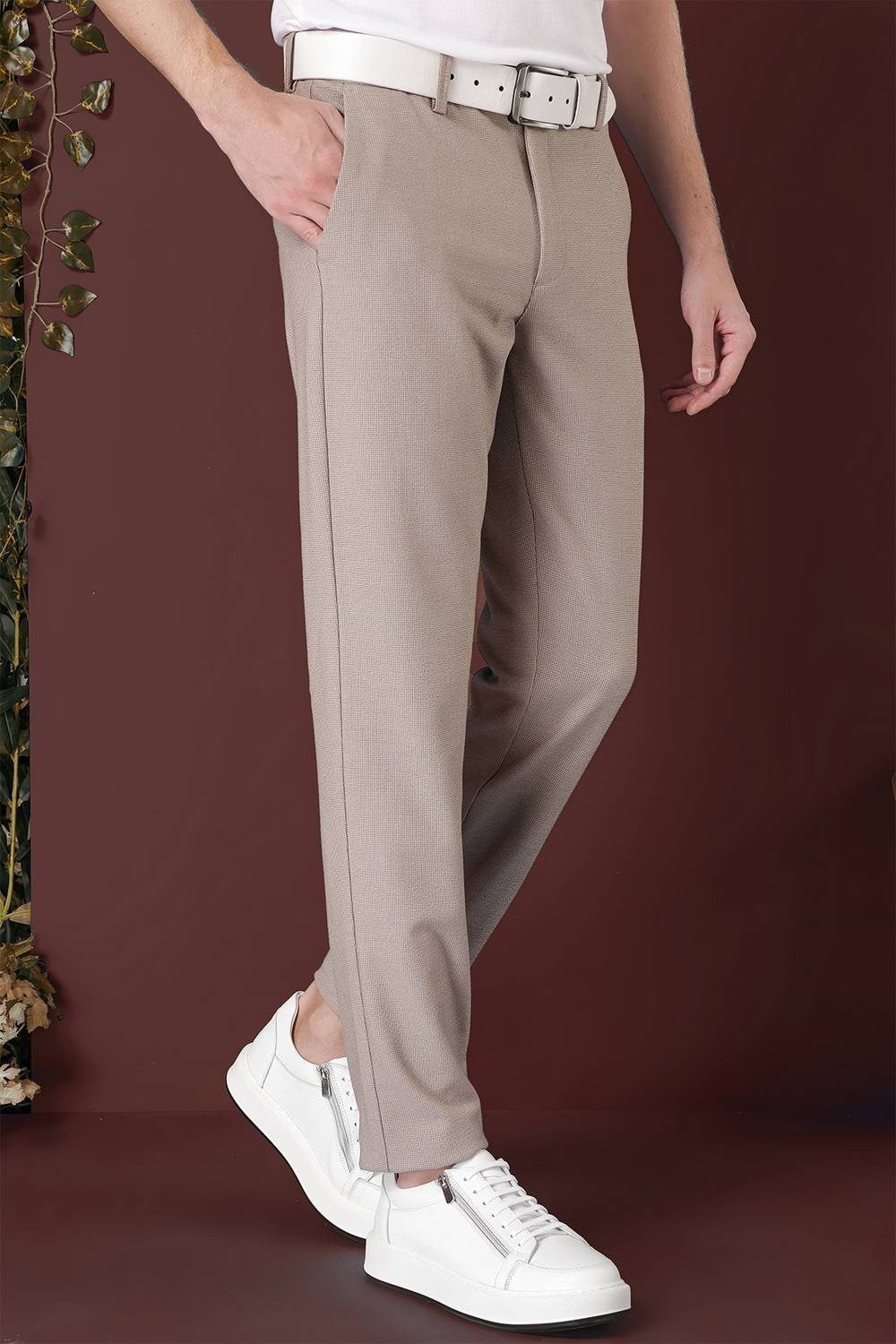Slim Fit Yan Cepli Dokulu Esnek Bej Pantolon P 1139