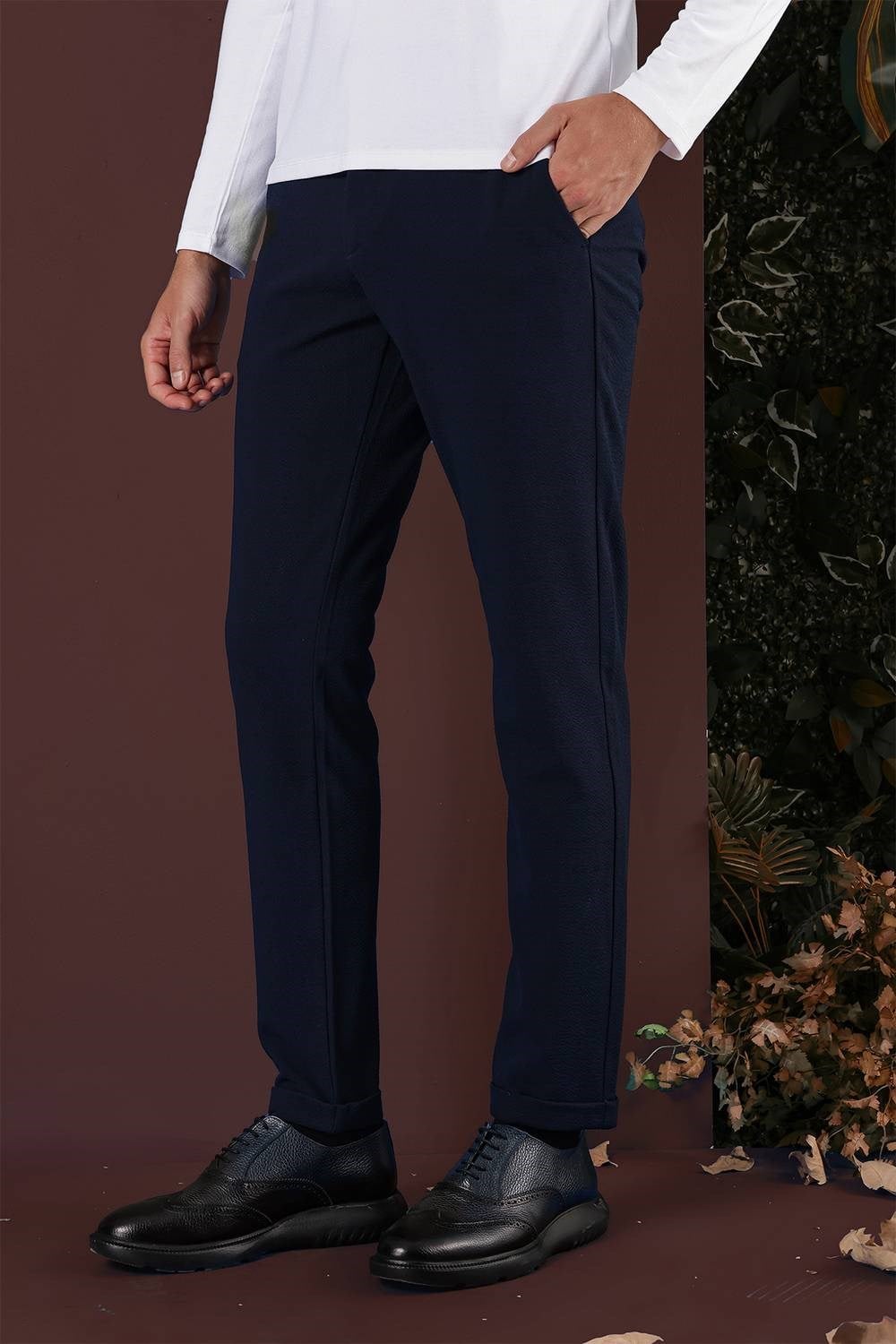 Slim Fit Yan Cepli Dokulu Esnek Lacivert Pantolon P 1139