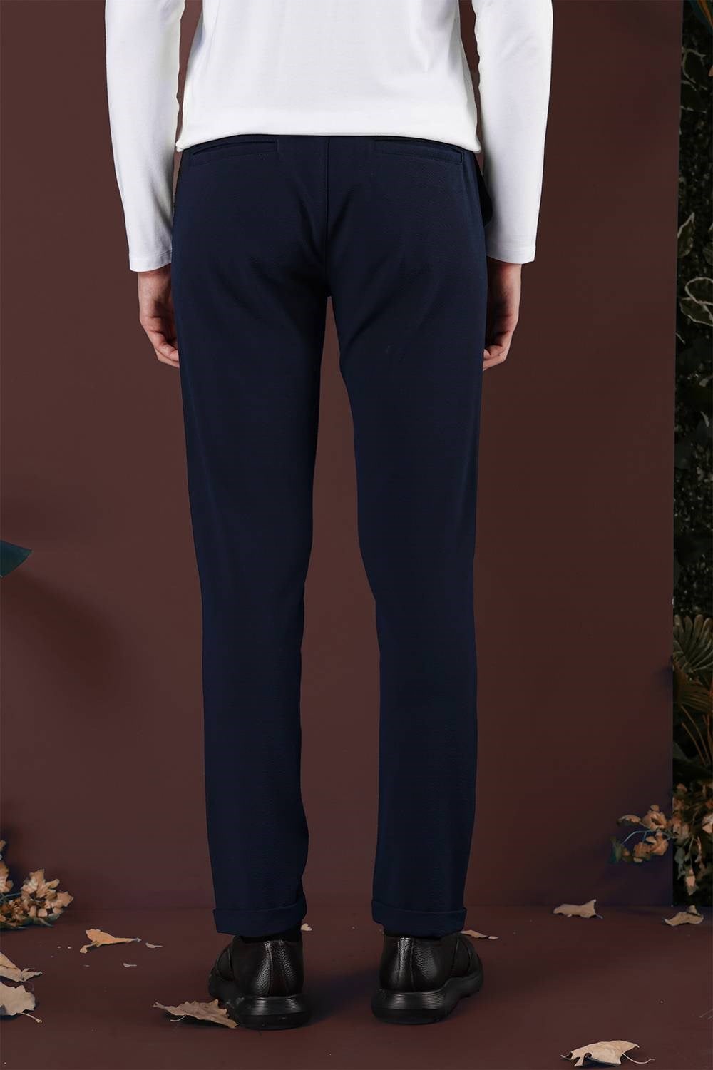 Slim Fit Yan Cepli Dokulu Esnek Lacivert Pantolon P 1139