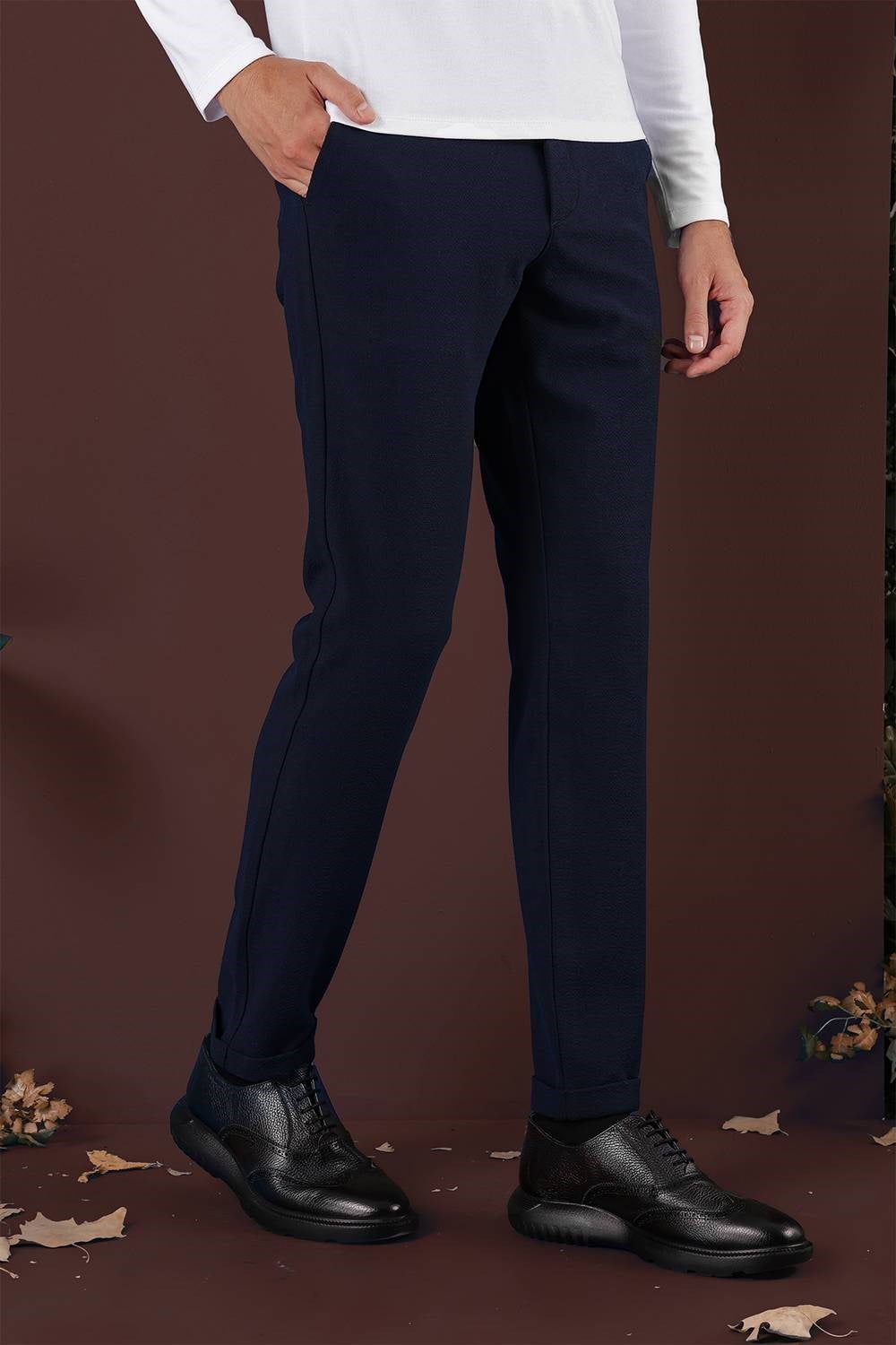 Slim Fit Yan Cepli Dokulu Esnek Lacivert Pantolon P 1139