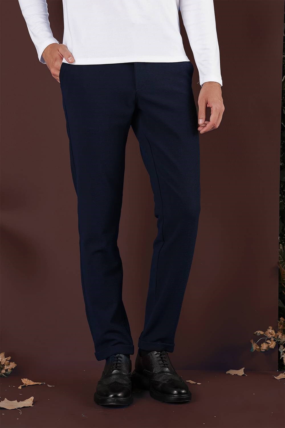 Slim Fit Yan Cepli Dokulu Esnek Lacivert Pantolon P 1139