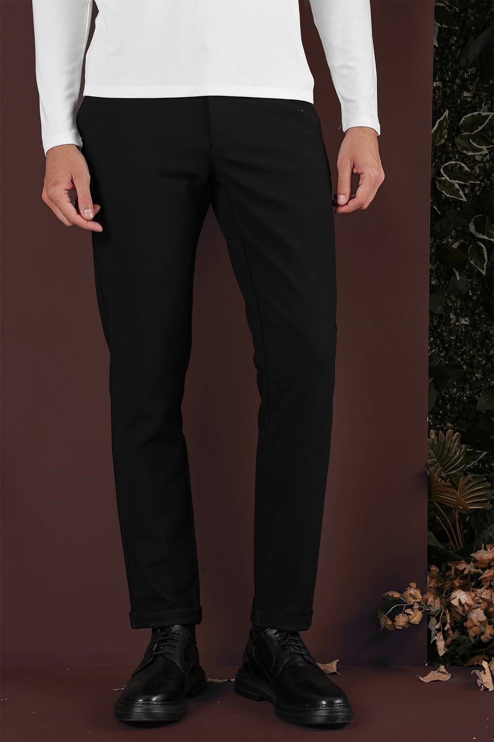 Slim Fit Yan Cepli Dokulu Esnek Siyah Pantolon P 1139