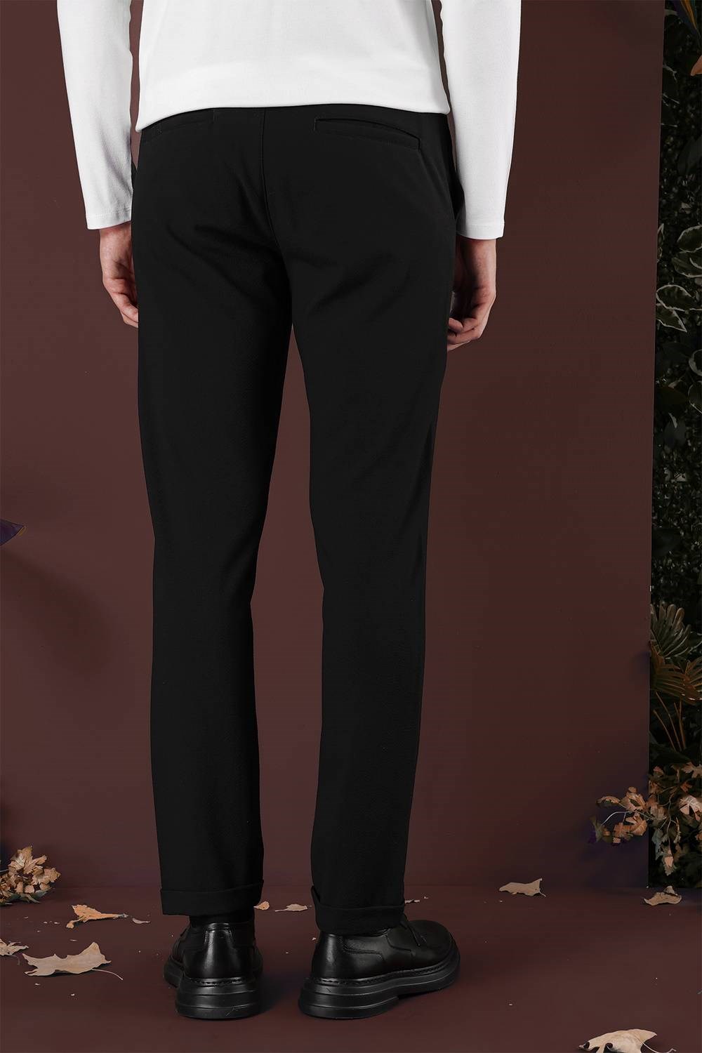 Slim Fit Yan Cepli Dokulu Esnek Siyah Pantolon P 1139
