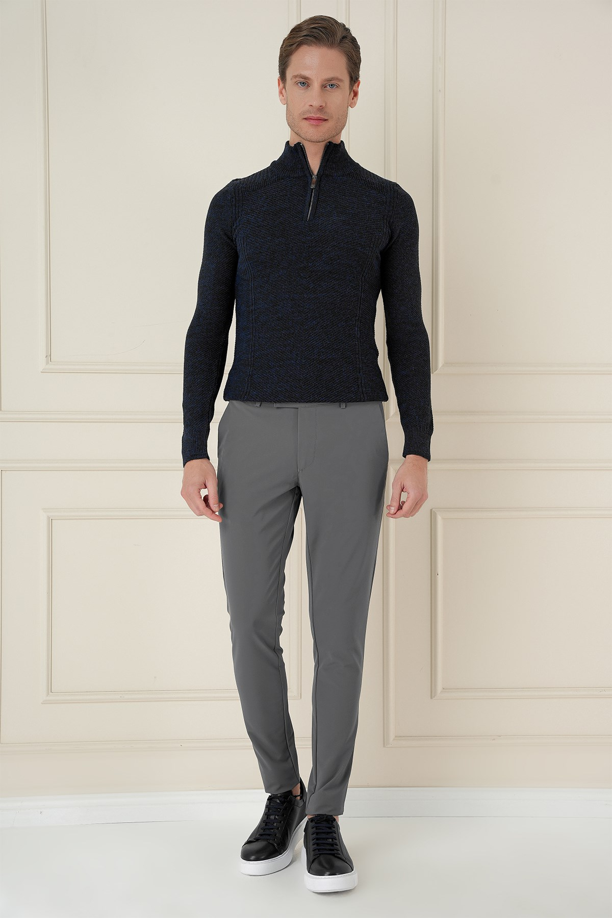 Slim Fit Yan Cepli Düz Esnek Casual Füme Pantolon P 1144