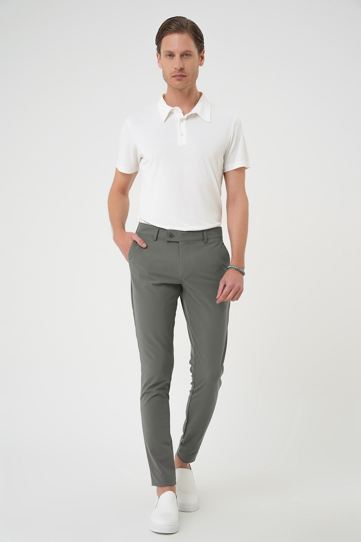 Slim Fit Yan Cepli Düz Esnek Pamuk Casual Su Yeşili Pantolon P 1144