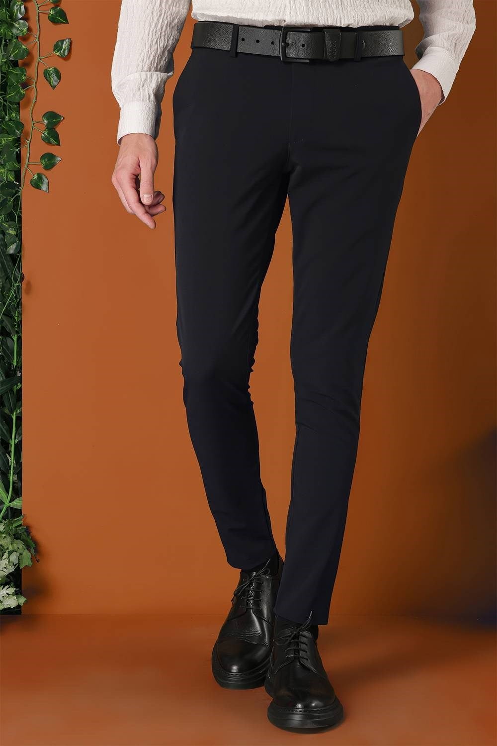 Slim Fit Yan Cepli Düz Esnek Pamuk Casual Siyah Pantolon P 1144