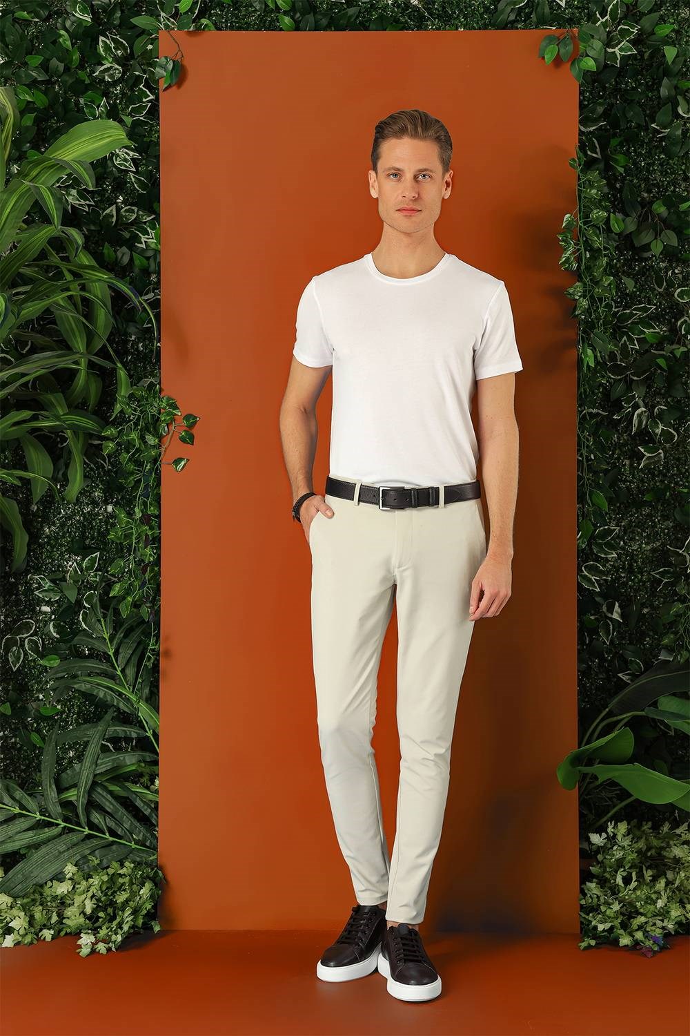 Slim Fit Yan Cepli Düz Esnek Pamuk Casual Taş Pantolon P 1144