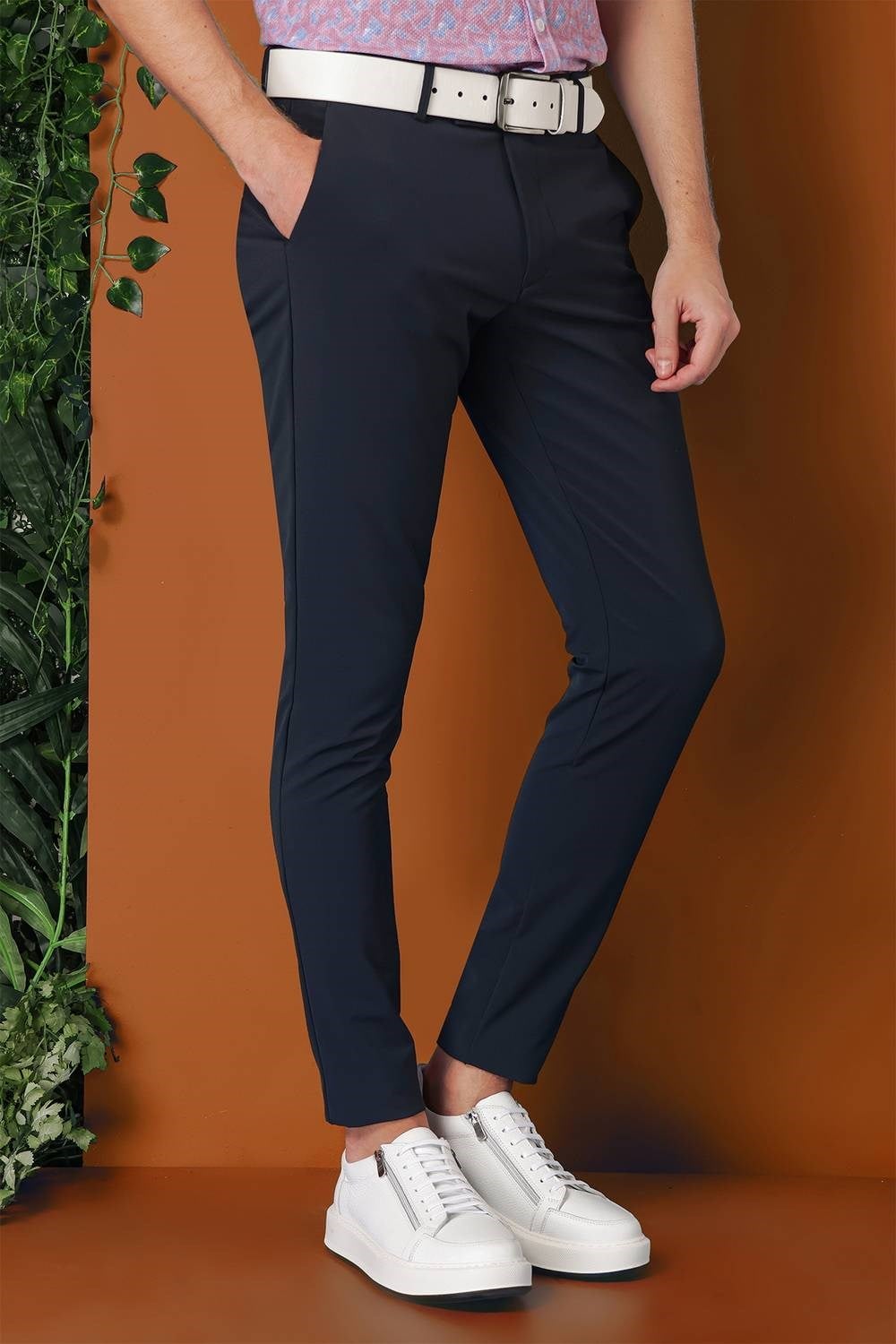 Slim Fit Yan Cepli Düz Esnek Pamuk Casual Lacivert Pantolon P 1144