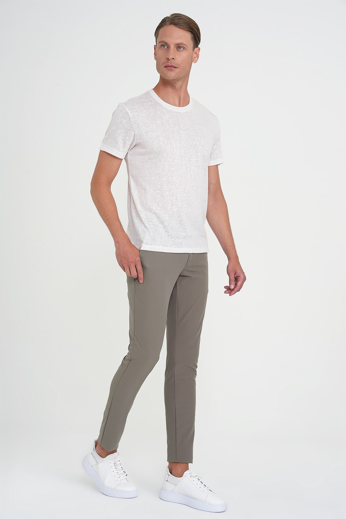 Slim Fit Yan Cepli Düz Esnek Pamuk Casual Vizon Pantolon P 1144