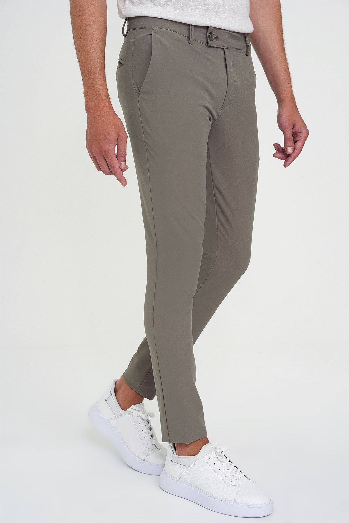 Slim Fit Yan Cepli Düz Esnek Pamuk Casual Vizon Pantolon P 1144