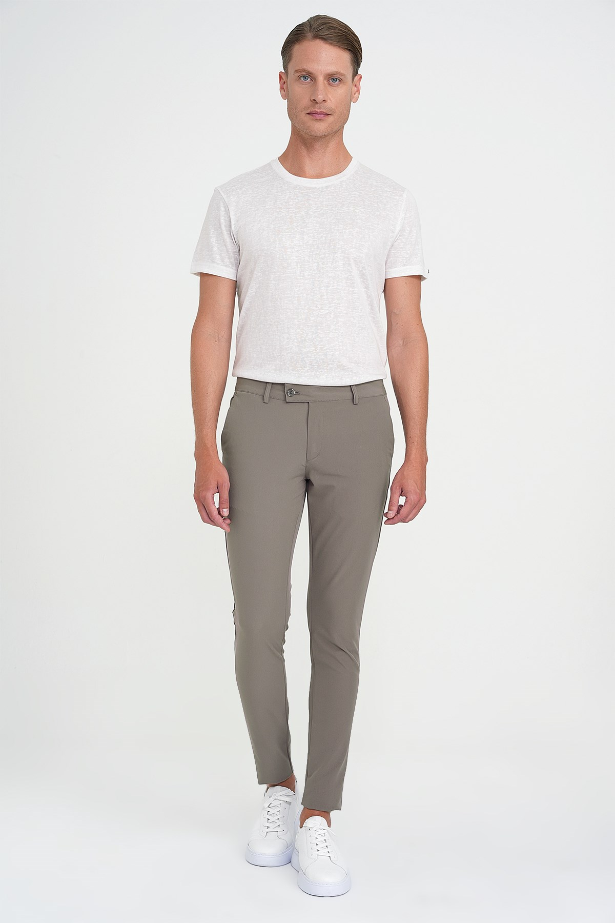Slim Fit Yan Cepli Düz Esnek Pamuk Casual Vizon Pantolon P 1144