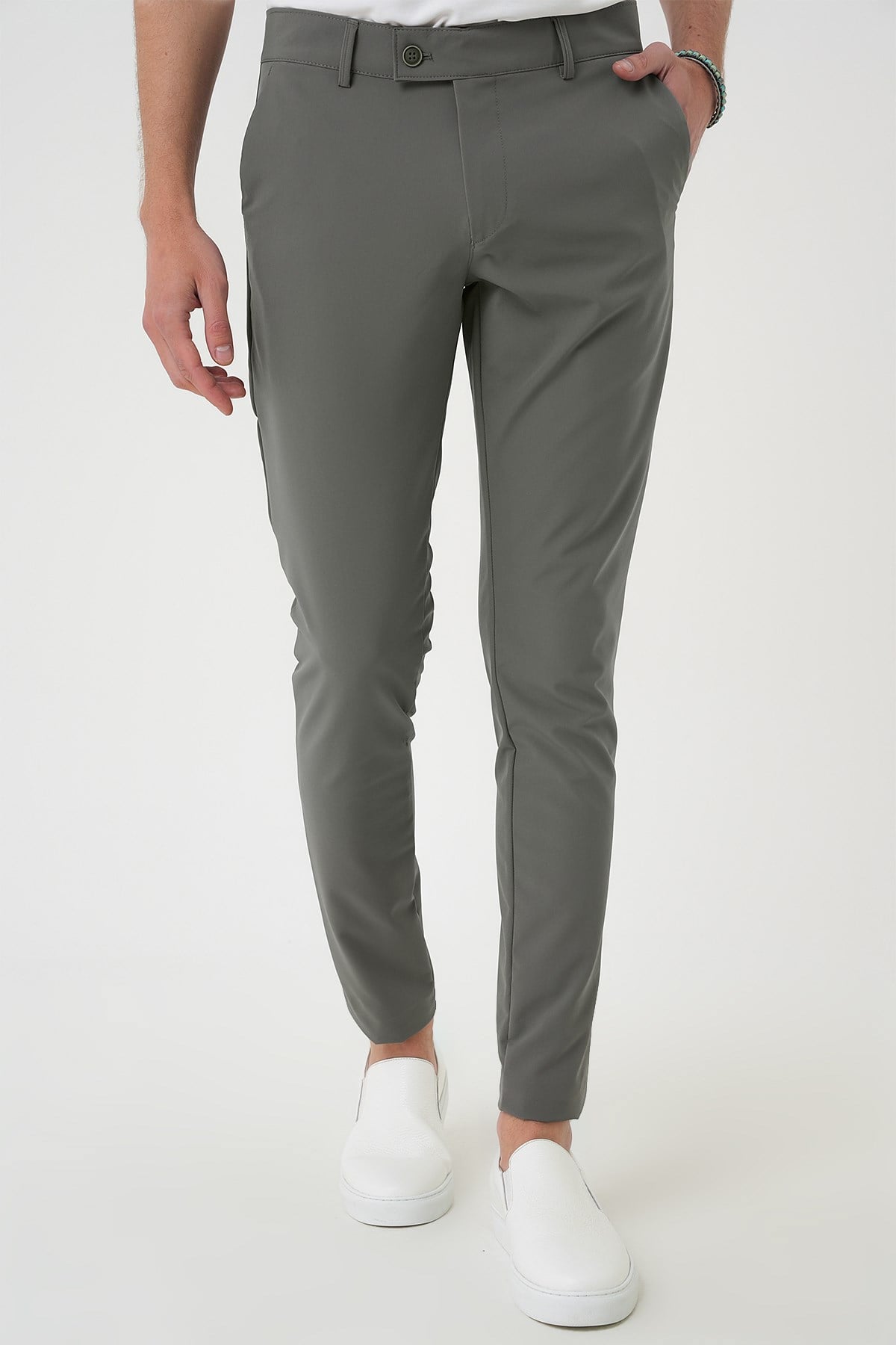 Slim Fit Yan Cepli Düz Esnek Pamuk Casual Su Yeşili Pantolon P 1144