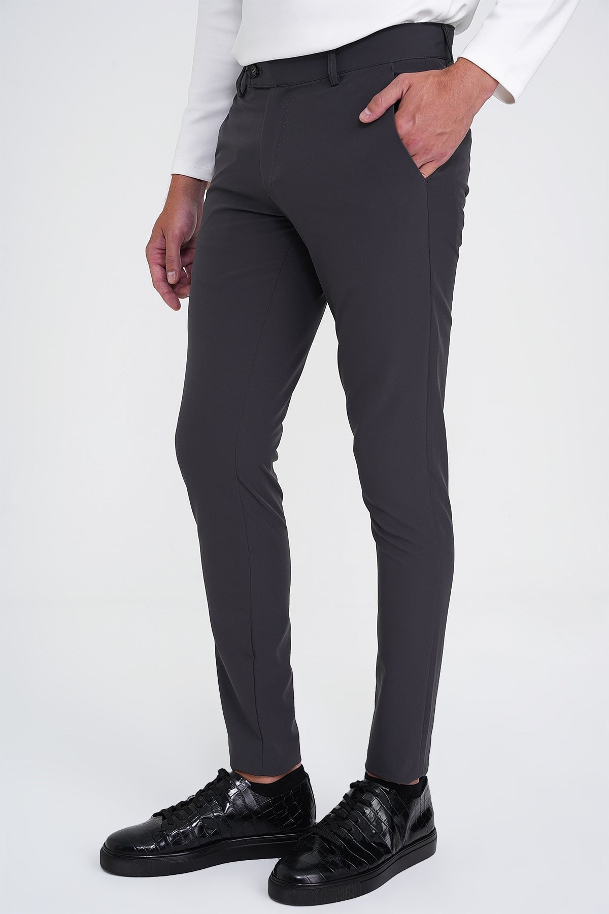 Slim Fit Yan Cepli Düz Esnek Pamuk Casual Antrasit Pantolon P 1144