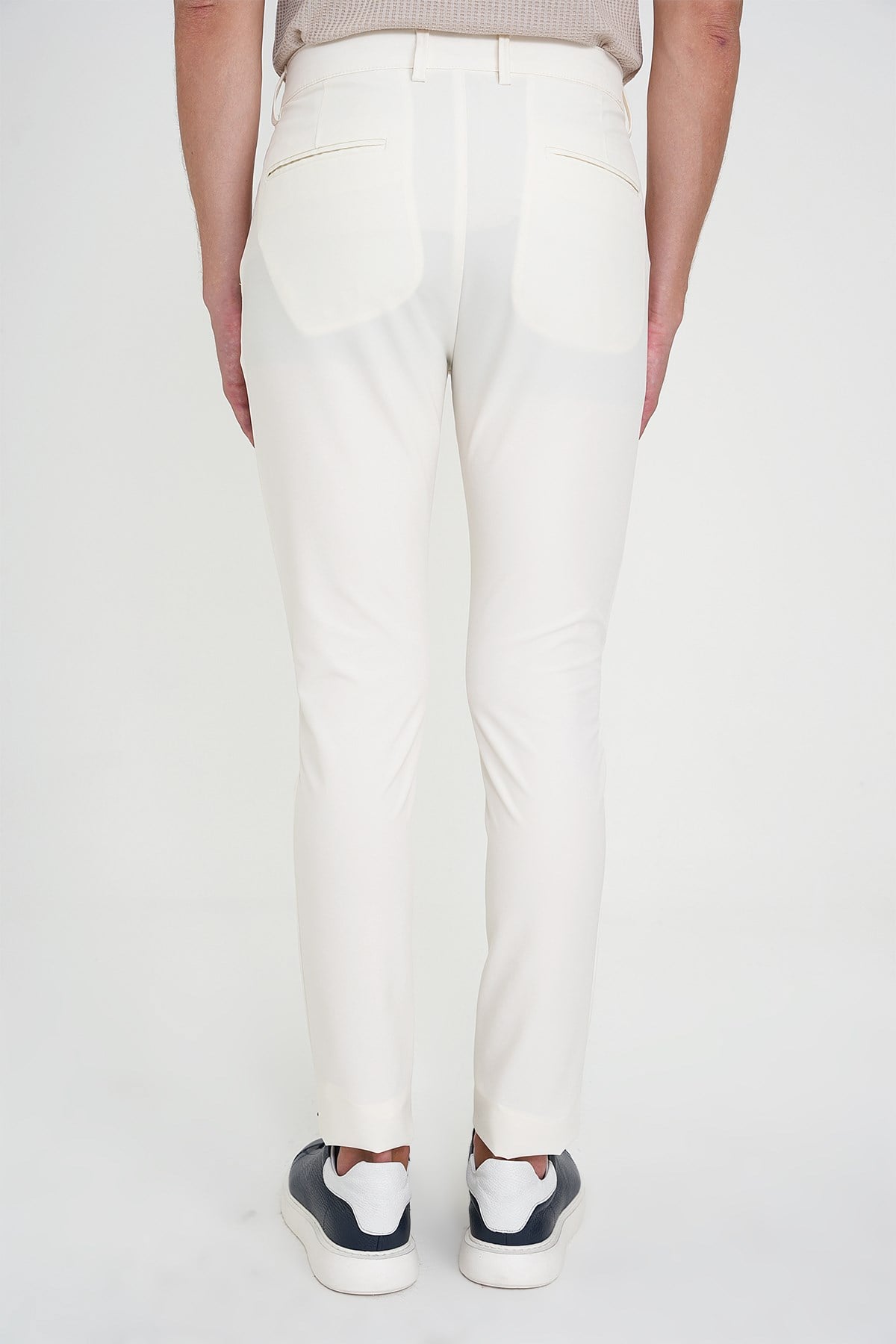 Slim Fit Yan Cepli Esnek Düz Beyaz Pamuk Pantolon P 1197