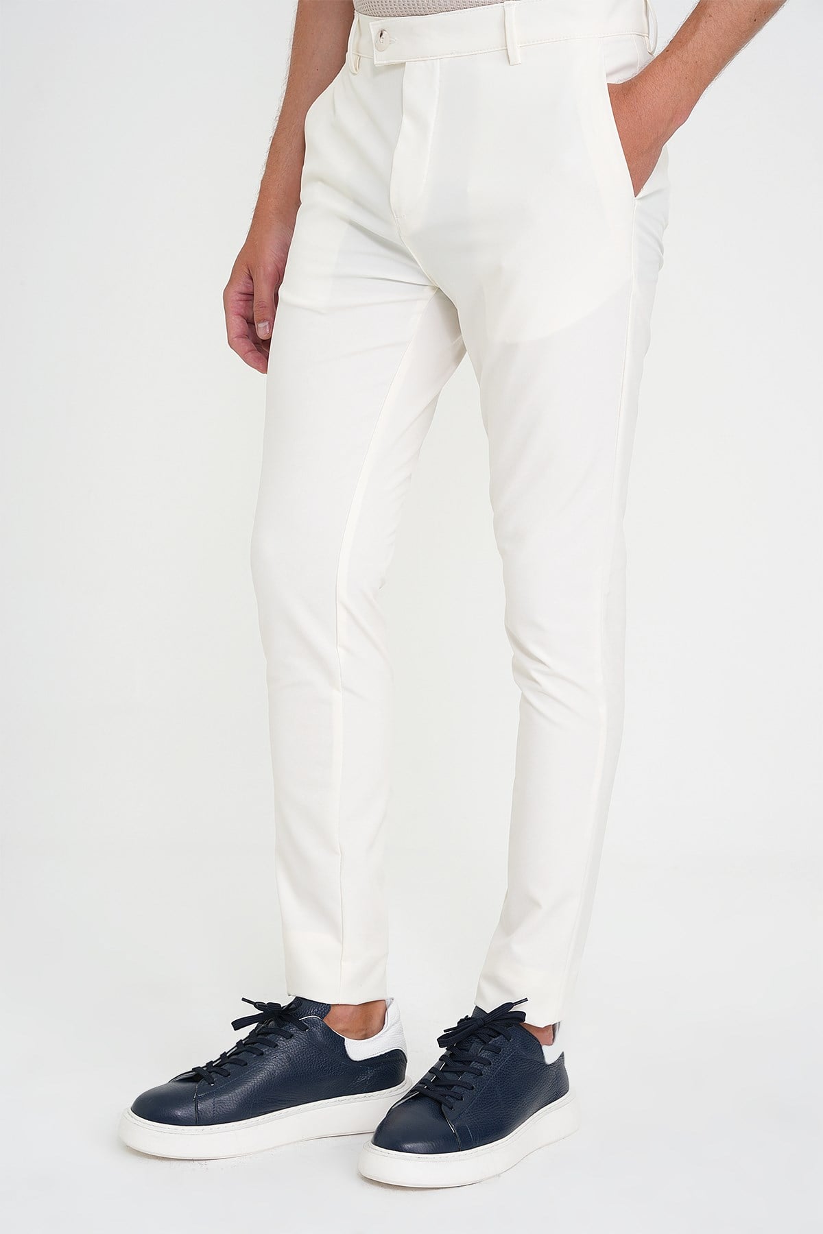Slim Fit Yan Cepli Esnek Düz Beyaz Pamuk Pantolon P 1197