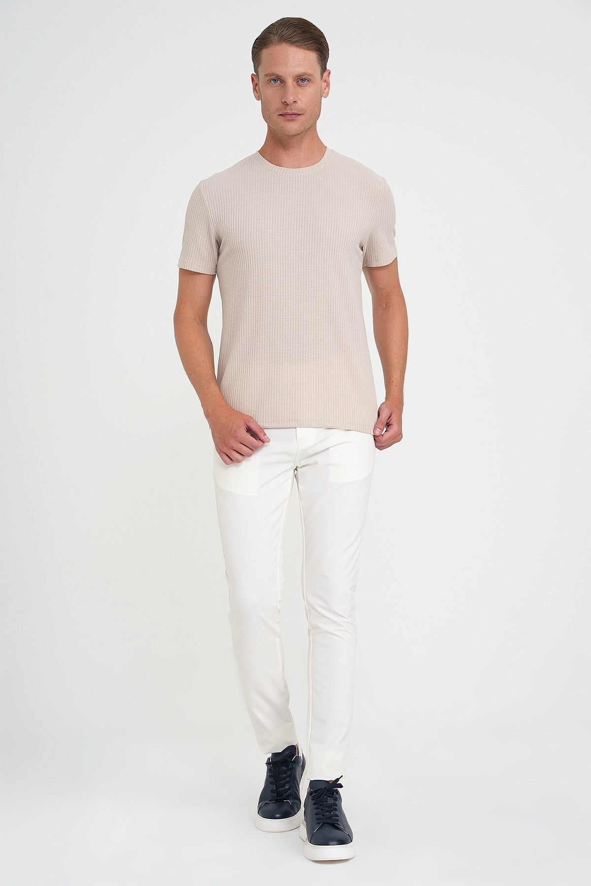 Slim Fit Yan Cepli Esnek Düz Beyaz Pamuk Pantolon P 1197