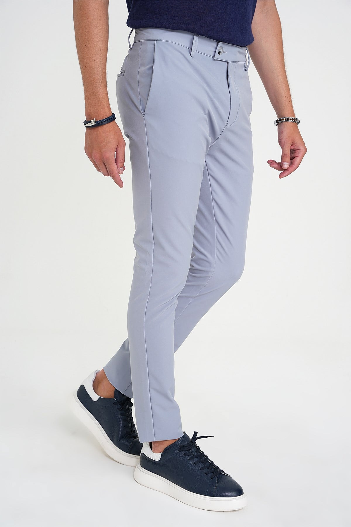 Slim Fit Yan Cepli Esnek Düz Grimavi Pamuk Pantolon P 1197