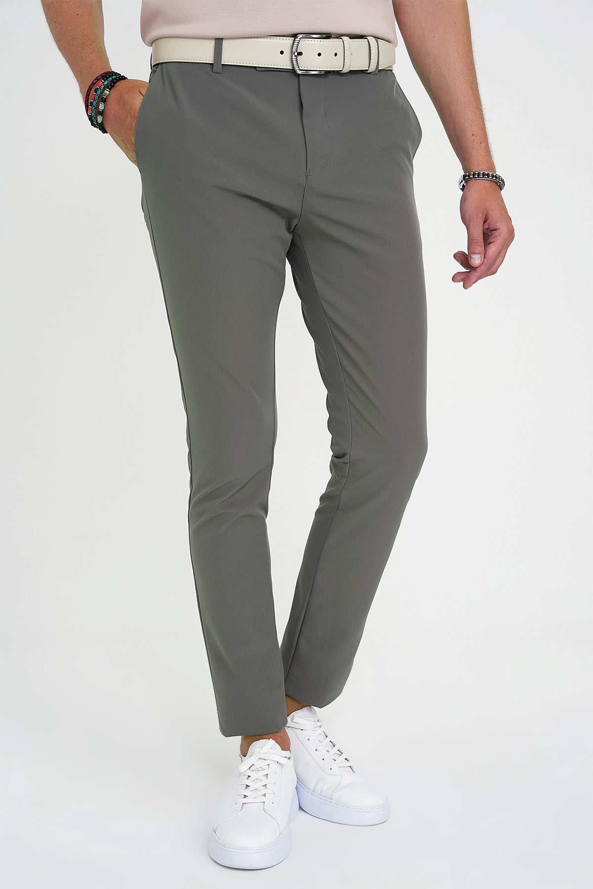 Slim Fit Yan Cepli Esnek Düz Haki Pamuk Pantolon P 1197